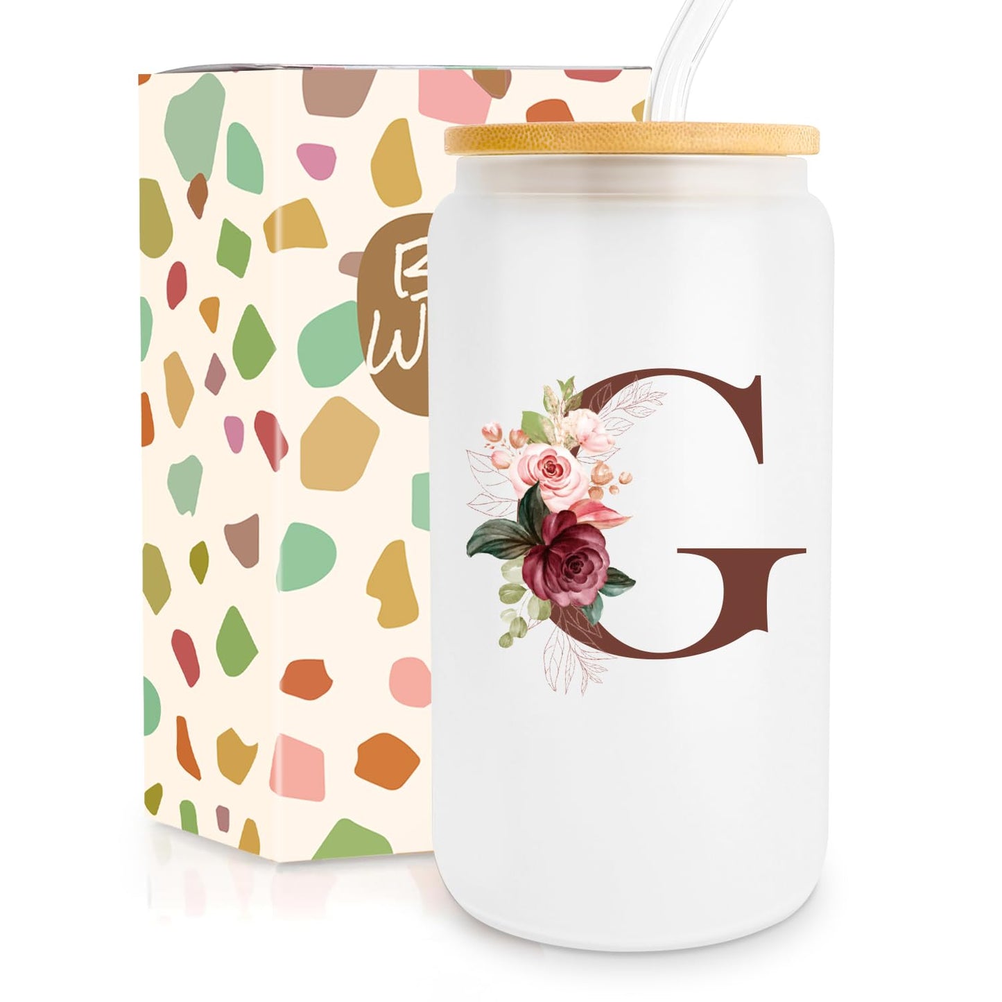 Birthday Gifts for Women, Personalized Gifts for Women, Monogrammed Initial Glass Cup - 16oz Glass Cups with Lids and Straws, Iced Coffee Cup, Beer Can Shaped Glass - Personalized Christmas Gifts J