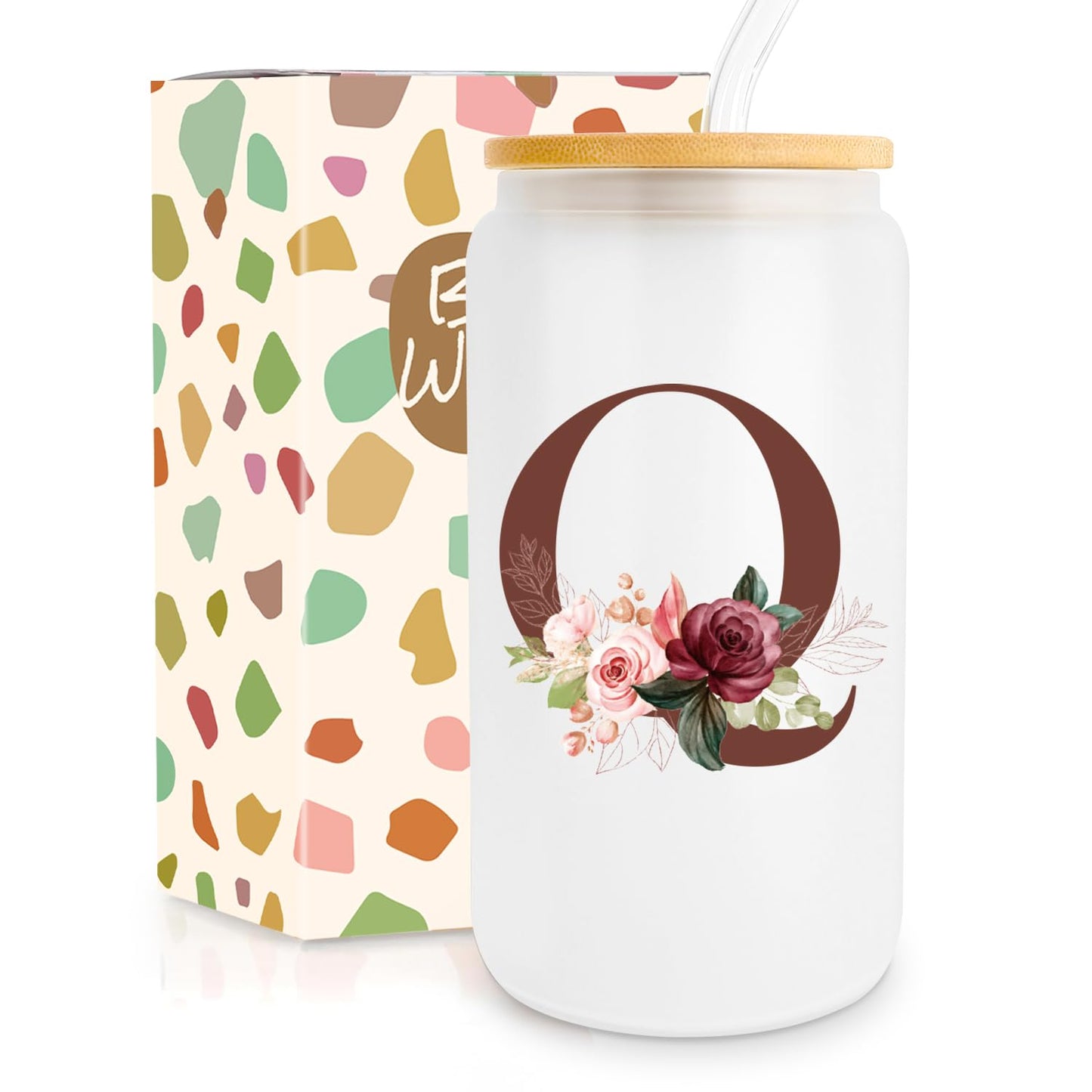 Birthday Gifts for Women, Personalized Gifts for Women, Monogrammed Initial Glass Cup - 16oz Glass Cups with Lids and Straws, Iced Coffee Cup, Beer Can Shaped Glass - Personalized Christmas Gifts J