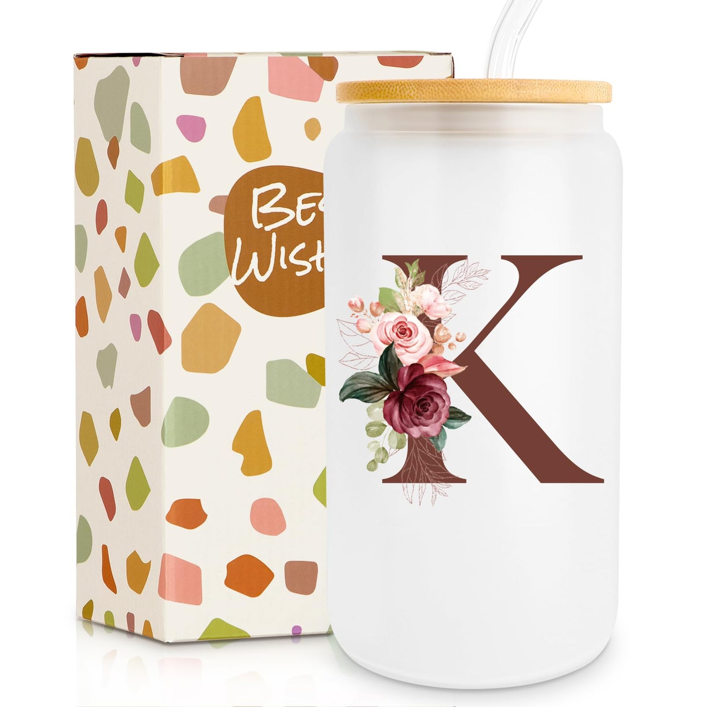 Birthday Gifts for Women, Personalized Gifts for Women, Monogrammed Initial Glass Cup - 16oz Glass Cups with Lids and Straws, Iced Coffee Cup, Beer Can Shaped Glass - Personalized Christmas Gifts J