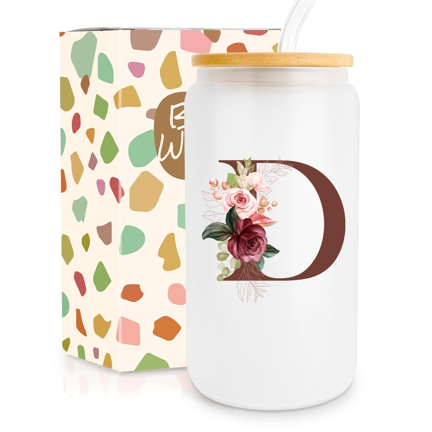Birthday Gifts for Women, Personalized Gifts for Women, Monogrammed Initial Glass Cup - 16oz Glass Cups with Lids and Straws, Iced Coffee Cup, Beer Can Shaped Glass - Personalized Christmas Gifts J