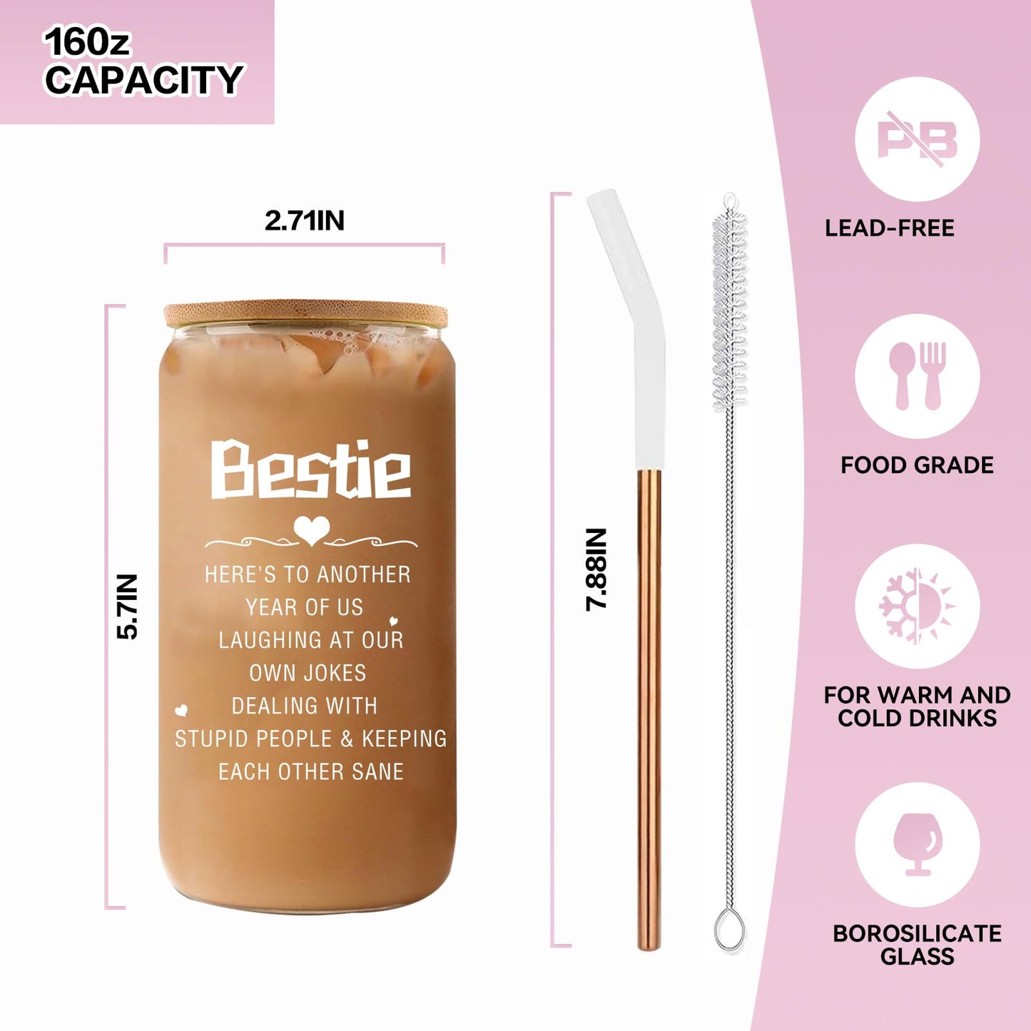 Glass Cups with Lids and Straws 1Pack,Glass Coffee Cups,Glass Cup with Lid for Iced Coffee,Smoothie,Cocktail,Beer,Whiskey,Soda,Matcha,16 Oz Glass Cup with Bamboo Lid,1 Brush