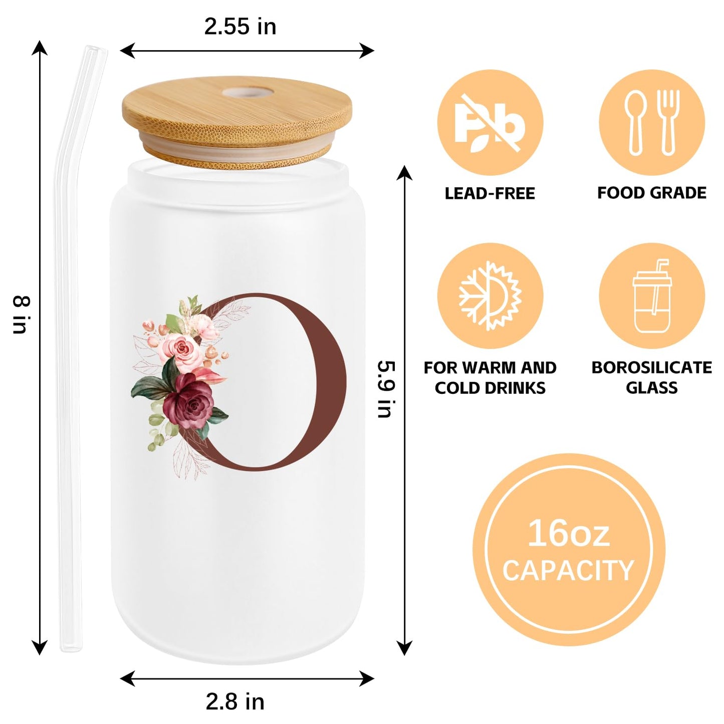Birthday Gifts for Women, Personalized Gifts for Women, Monogrammed Initial Glass Cup - 16oz Glass Cups with Lids and Straws, Iced Coffee Cup, Beer Can Shaped Glass - Personalized Christmas Gifts J