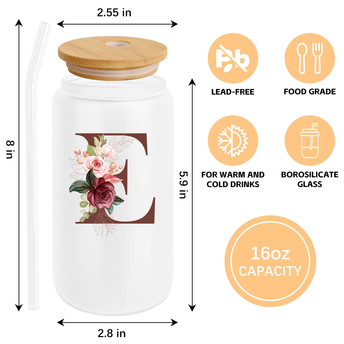 Birthday Gifts for Women, Personalized Gifts for Women, Monogrammed Initial Glass Cup - 16oz Glass Cups with Lids and Straws, Iced Coffee Cup, Beer Can Shaped Glass - Personalized Christmas Gifts J