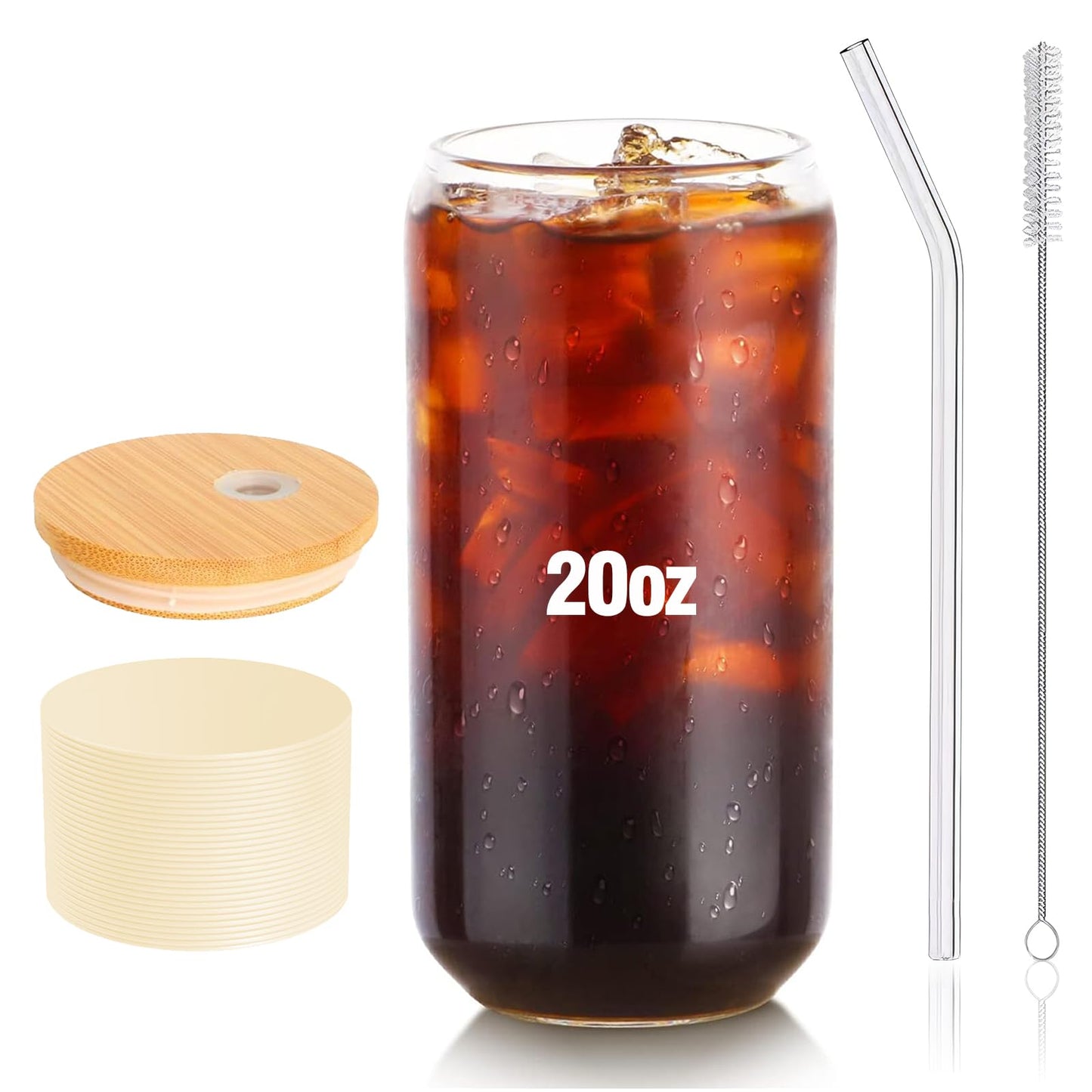 Glass Cups with Lids and Straws 1Pack,Glass Coffee Cups,Glass Cup with Lid for Iced Coffee,Smoothie,Cocktail,Beer,Whiskey,Soda,Matcha,16 Oz Glass Cup with Bamboo Lid,1 Brush