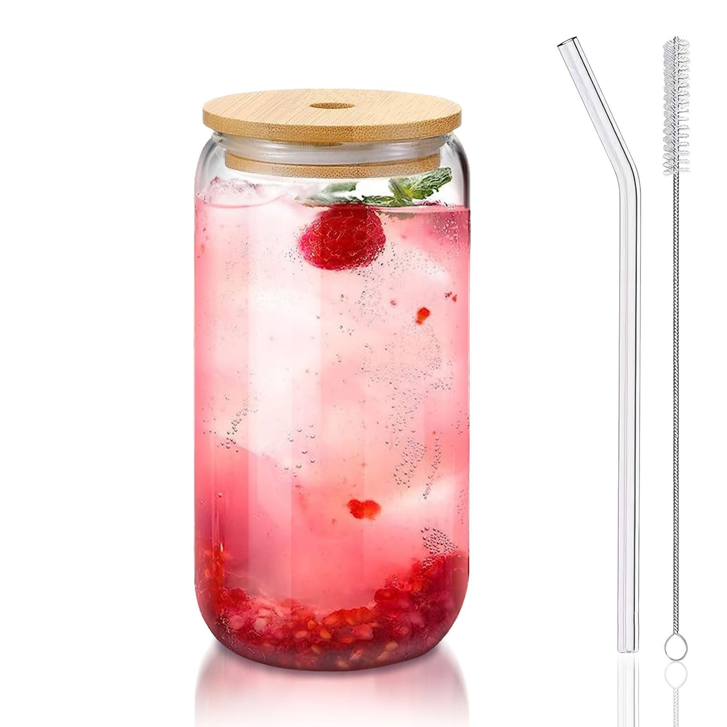 Glass Cups with Lids and Straws 1Pack,Glass Coffee Cups,Glass Cup with Lid for Iced Coffee,Smoothie,Cocktail,Beer,Whiskey,Soda,Matcha,16 Oz Glass Cup with Bamboo Lid,1 Brush
