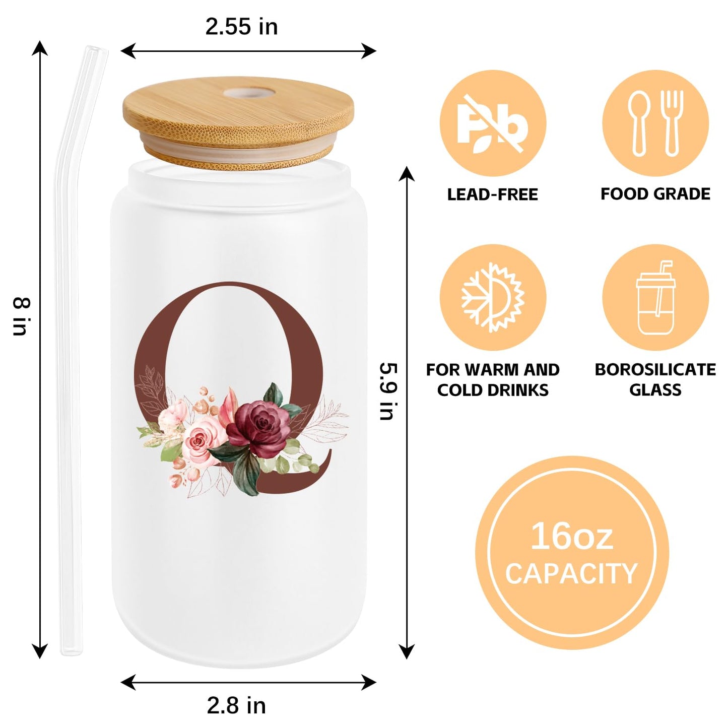 Birthday Gifts for Women, Personalized Gifts for Women, Monogrammed Initial Glass Cup - 16oz Glass Cups with Lids and Straws, Iced Coffee Cup, Beer Can Shaped Glass - Personalized Christmas Gifts J