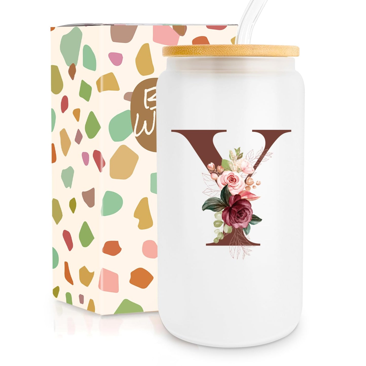 Birthday Gifts for Women, Personalized Gifts for Women, Monogrammed Initial Glass Cup - 16oz Glass Cups with Lids and Straws, Iced Coffee Cup, Beer Can Shaped Glass - Personalized Christmas Gifts J