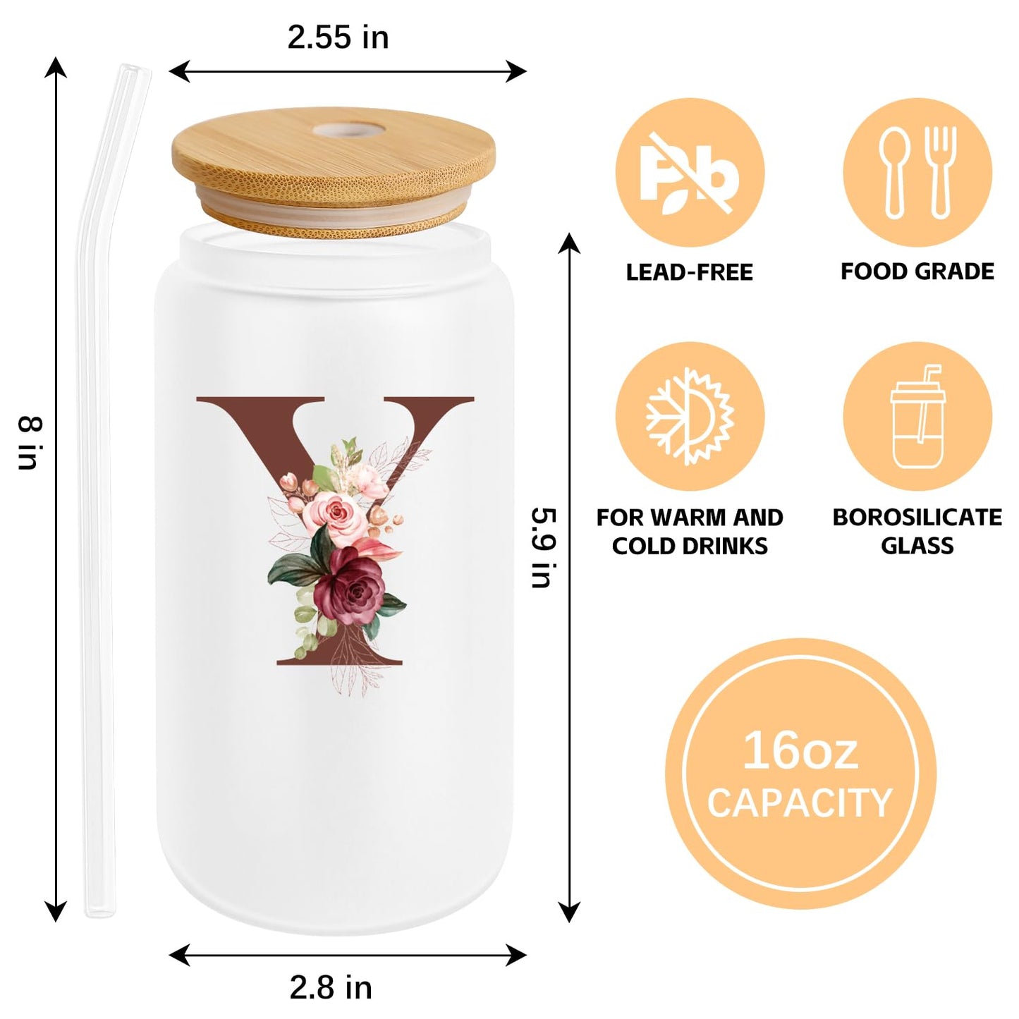 Birthday Gifts for Women, Personalized Gifts for Women, Monogrammed Initial Glass Cup - 16oz Glass Cups with Lids and Straws, Iced Coffee Cup, Beer Can Shaped Glass - Personalized Christmas Gifts J
