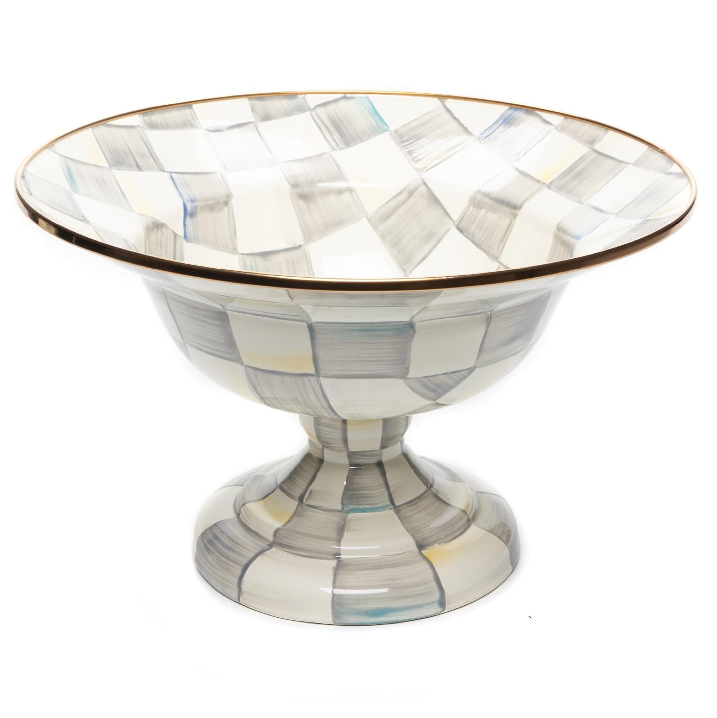 MACKENZIE-CHILDS Enamel Compote, Cute Enamel Pedestal Serving Dish or Decorative Bowl, Large, Brown-and-White Mocha Check