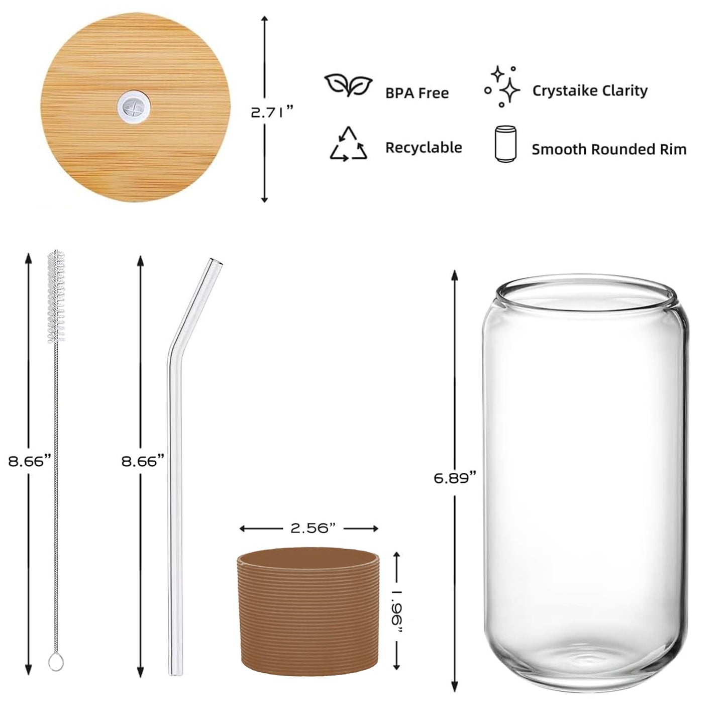 Glass Cups with Lids and Straws 1Pack,Glass Coffee Cups,Glass Cup with Lid for Iced Coffee,Smoothie,Cocktail,Beer,Whiskey,Soda,Matcha,16 Oz Glass Cup with Bamboo Lid,1 Brush