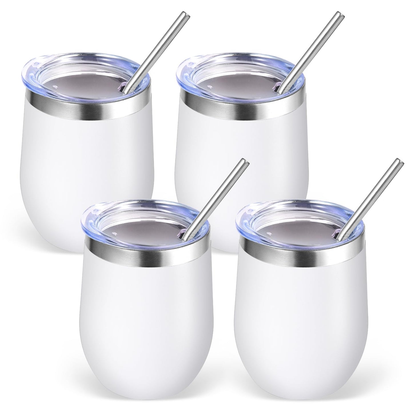 Volhoply 12oz Stainless Steel Wine Tumbler with Lid and Straw,Double Wall Vacuum Insulated Stemless Wine Glasses,Reusable Travel Coffee Mug for Cold Drinks,Small Tumblers Gifts for Women(White,1 Set)
