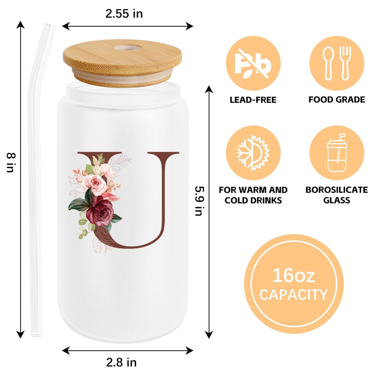 Birthday Gifts for Women, Personalized Gifts for Women, Monogrammed Initial Glass Cup - 16oz Glass Cups with Lids and Straws, Iced Coffee Cup, Beer Can Shaped Glass - Personalized Christmas Gifts J