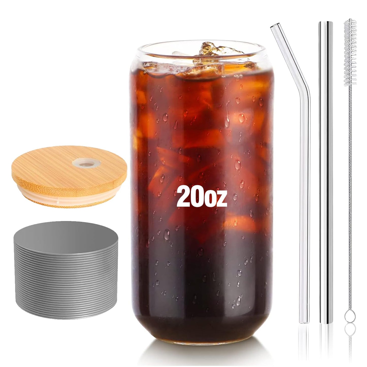 Glass Cups with Lids and Straws 1Pack,Glass Coffee Cups,Glass Cup with Lid for Iced Coffee,Smoothie,Cocktail,Beer,Whiskey,Soda,Matcha,16 Oz Glass Cup with Bamboo Lid,1 Brush