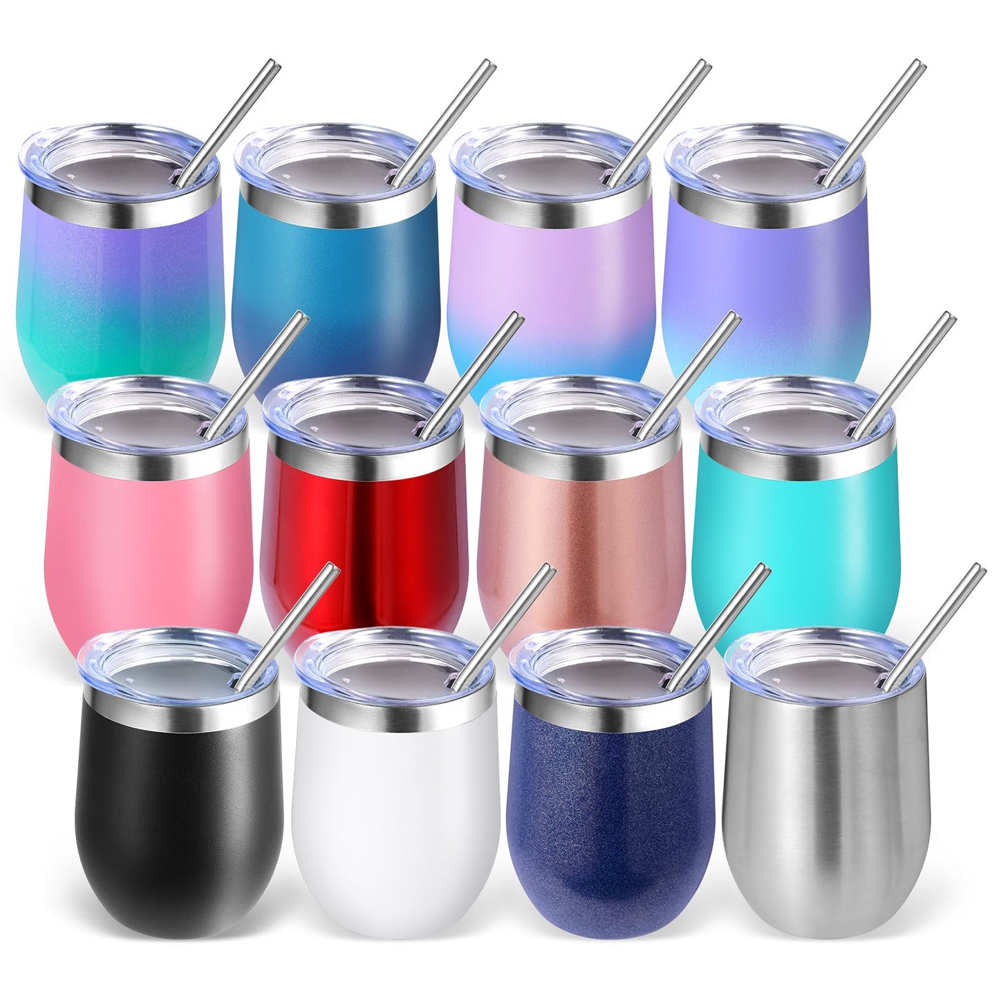 Volhoply 12oz Stainless Steel Wine Tumbler with Lid and Straw,Double Wall Vacuum Insulated Stemless Wine Glasses,Reusable Travel Coffee Mug for Cold Drinks,Small Tumblers Gifts for Women(White,1 Set)