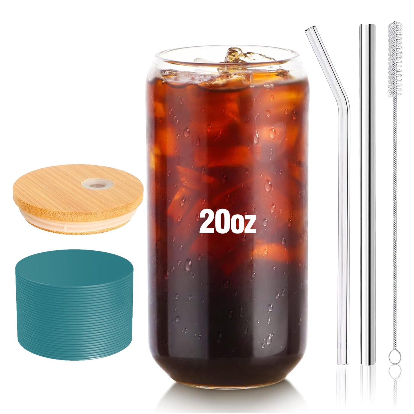 Glass Cups with Lids and Straws 1Pack,Glass Coffee Cups,Glass Cup with Lid for Iced Coffee,Smoothie,Cocktail,Beer,Whiskey,Soda,Matcha,16 Oz Glass Cup with Bamboo Lid,1 Brush