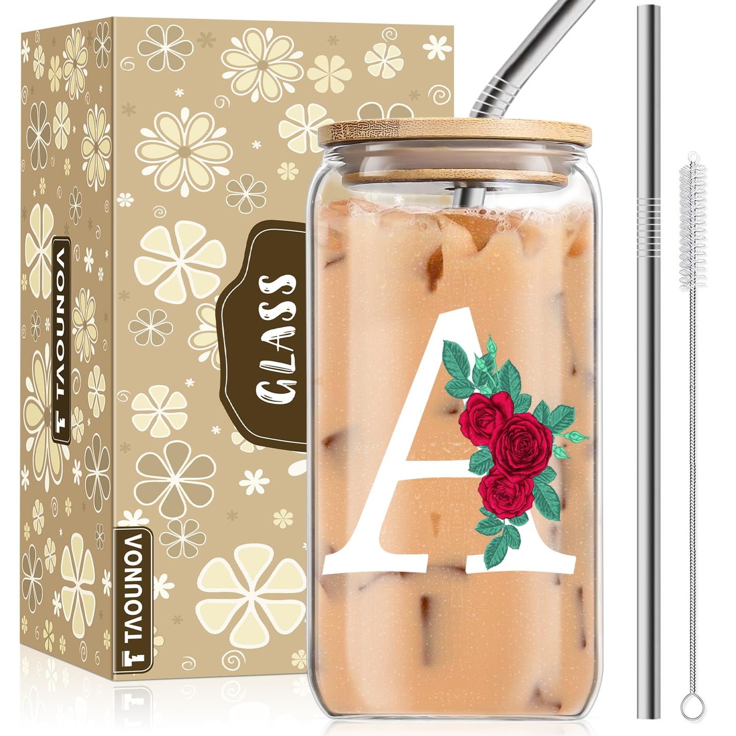 Initial Glass Cup, Birthday Gifts for Women, Color Changing 16 oz Glass Cups w/Lids Straws, Iced Coffee, Smoothie, Beer Glass Tumbler - Personalized Gifts Monogrammed Gifts for Her Mom, K