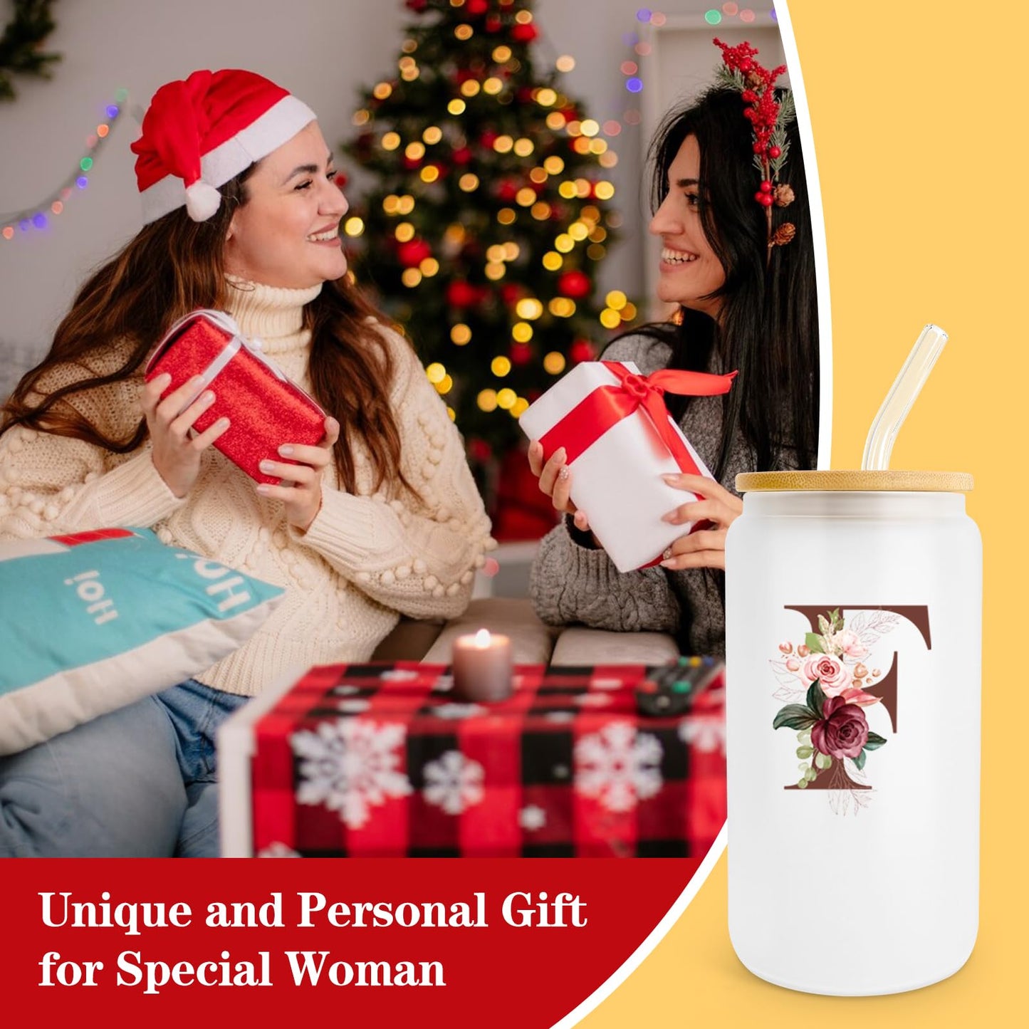 Birthday Gifts for Women, Personalized Gifts for Women, Monogrammed Initial Glass Cup - 16oz Glass Cups with Lids and Straws, Iced Coffee Cup, Beer Can Shaped Glass - Personalized Christmas Gifts J