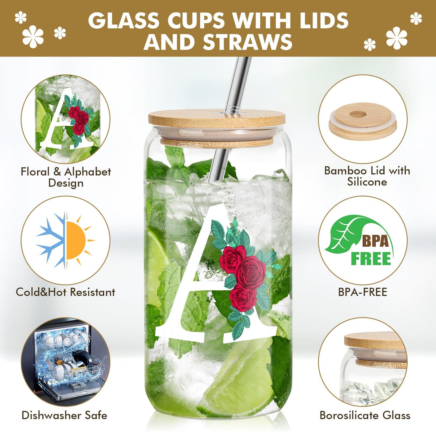 Initial Glass Cup, Birthday Gifts for Women, Color Changing 16 oz Glass Cups w/Lids Straws, Iced Coffee, Smoothie, Beer Glass Tumbler - Personalized Gifts Monogrammed Gifts for Her Mom, K