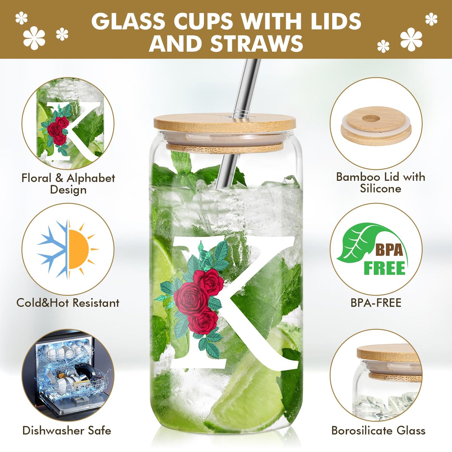 Initial Glass Cup, Birthday Gifts for Women, Color Changing 16 oz Glass Cups w/Lids Straws, Iced Coffee, Smoothie, Beer Glass Tumbler - Personalized Gifts Monogrammed Gifts for Her Mom, K