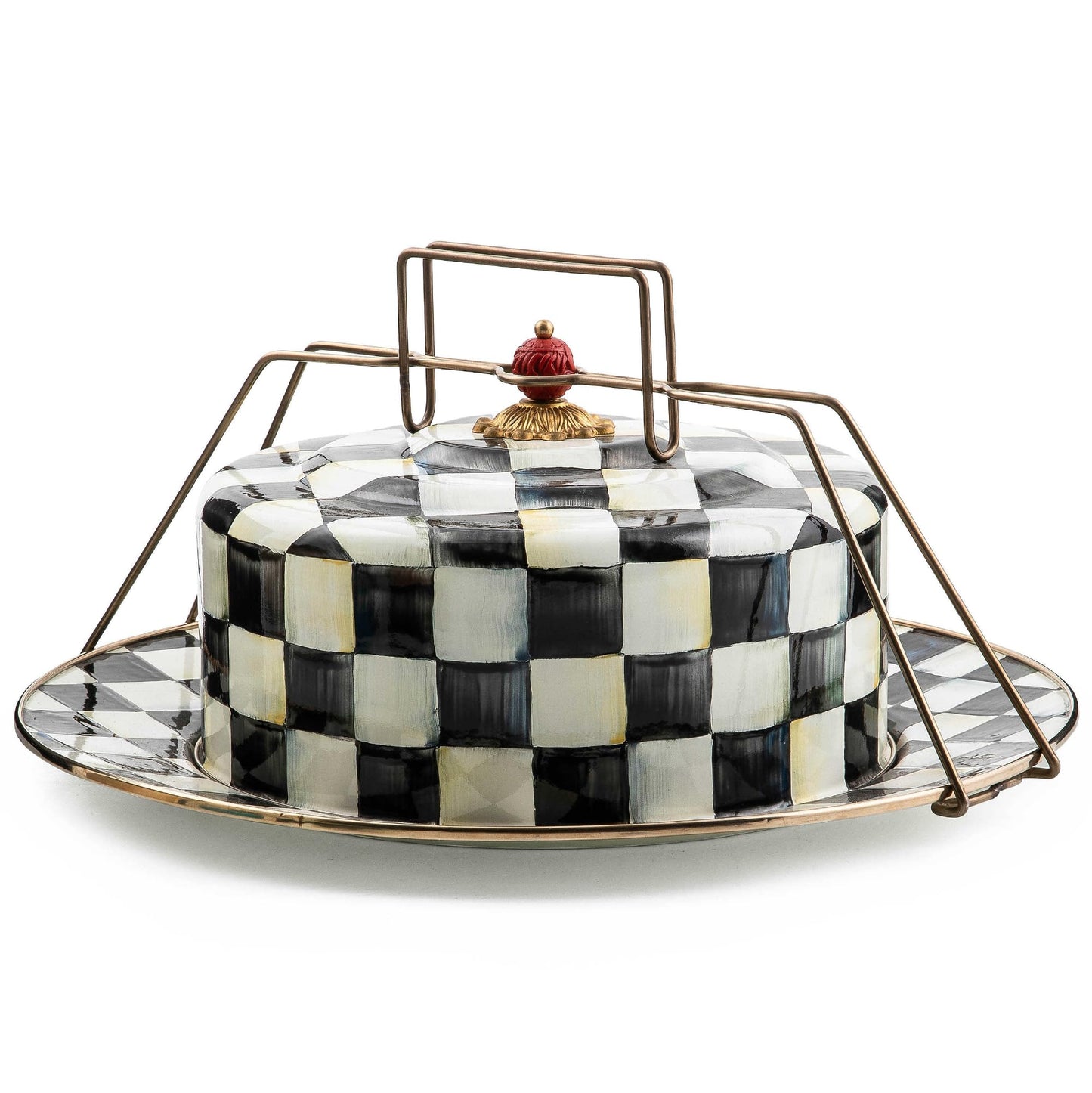 MACKENZIE-CHILDS Cake Carrier, Cake-Dish Serving Platter with Lid and Handles, White Flower Market with Black-and-White Courtly Check