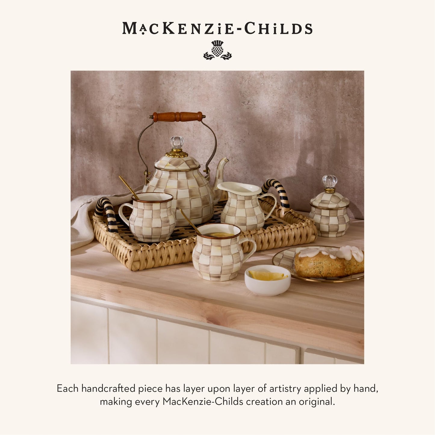 MACKENZIE-CHILDS Enamel Compote, Cute Enamel Pedestal Serving Dish or Decorative Bowl, Large, Brown-and-White Mocha Check