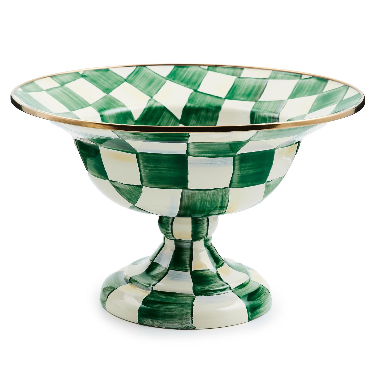 MACKENZIE-CHILDS Enamel Compote, Cute Enamel Pedestal Serving Dish or Decorative Bowl, Large, Brown-and-White Mocha Check