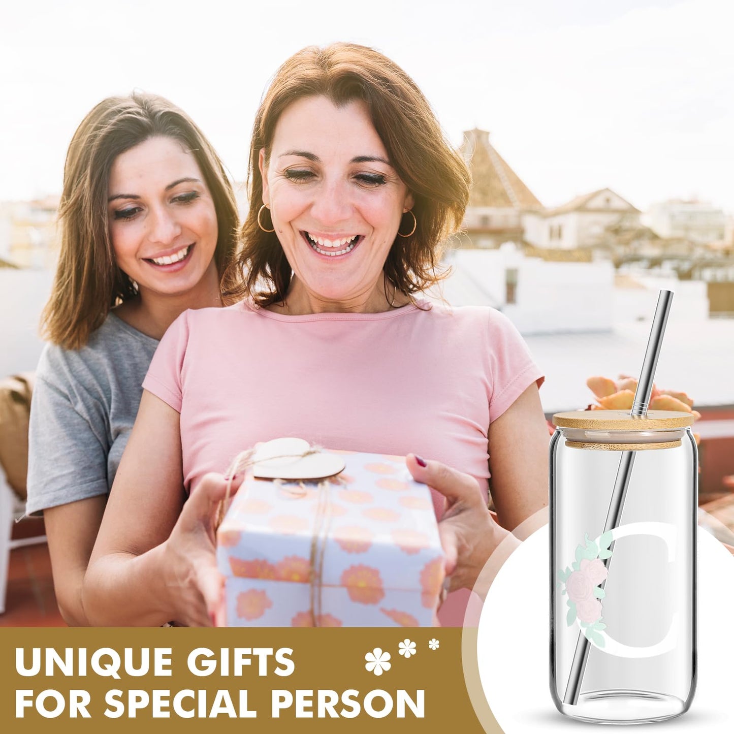 Initial Glass Cup, Birthday Gifts for Women, Color Changing 16 oz Glass Cups w/Lids Straws, Iced Coffee, Smoothie, Beer Glass Tumbler - Personalized Gifts Monogrammed Gifts for Her Mom, K