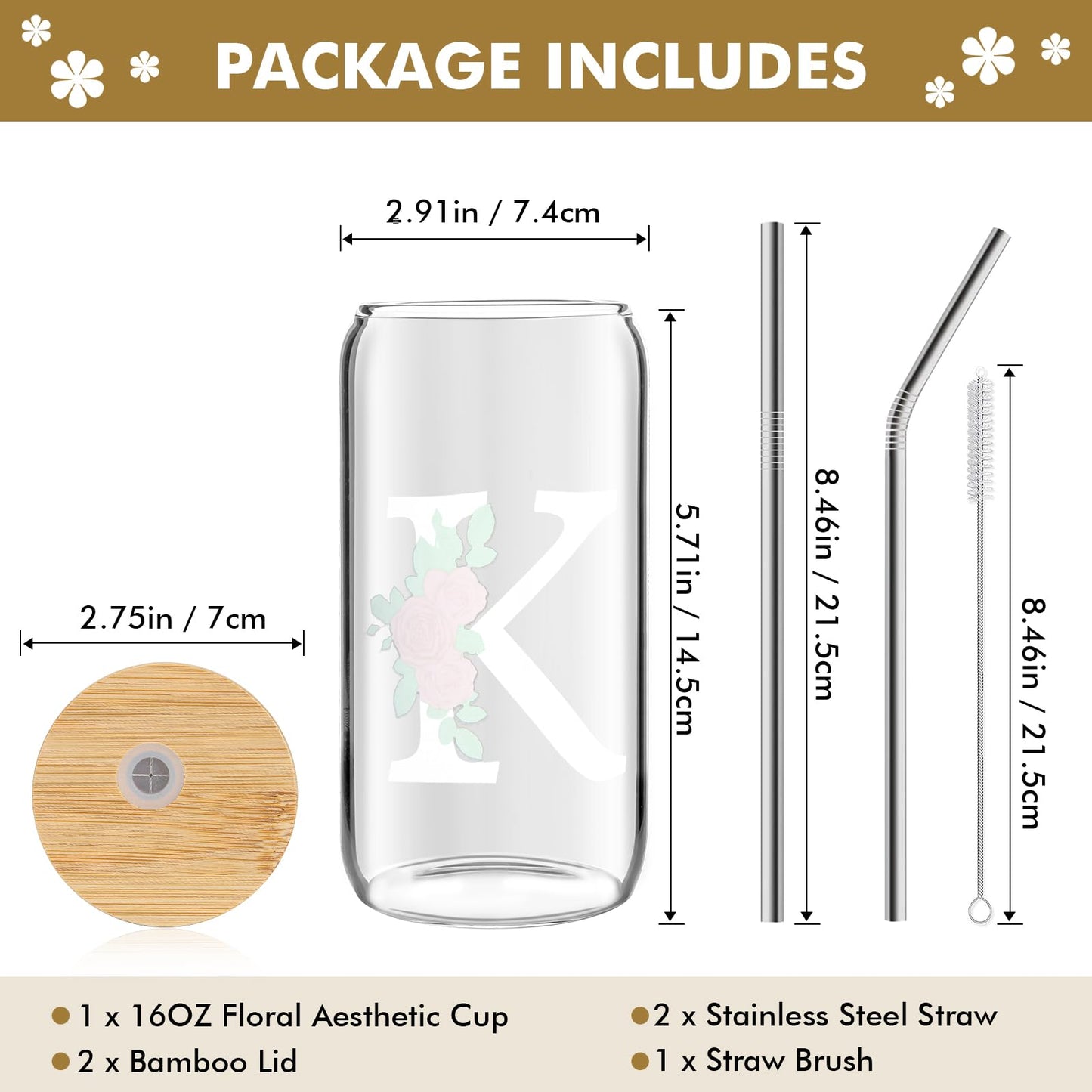 Initial Glass Cup, Birthday Gifts for Women, Color Changing 16 oz Glass Cups w/Lids Straws, Iced Coffee, Smoothie, Beer Glass Tumbler - Personalized Gifts Monogrammed Gifts for Her Mom, K