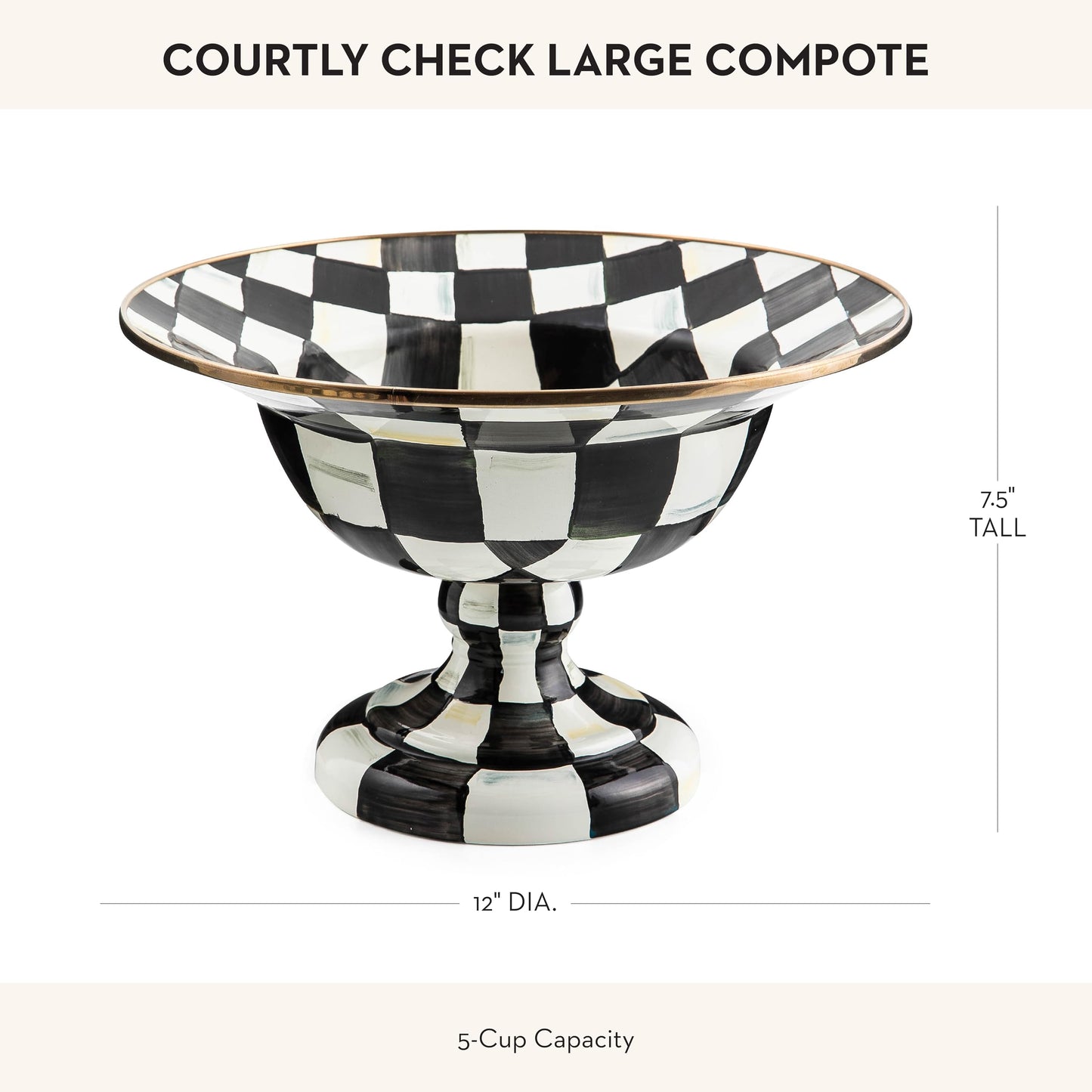 MACKENZIE-CHILDS Enamel Compote, Cute Enamel Pedestal Serving Dish or Decorative Bowl, Large, Brown-and-White Mocha Check