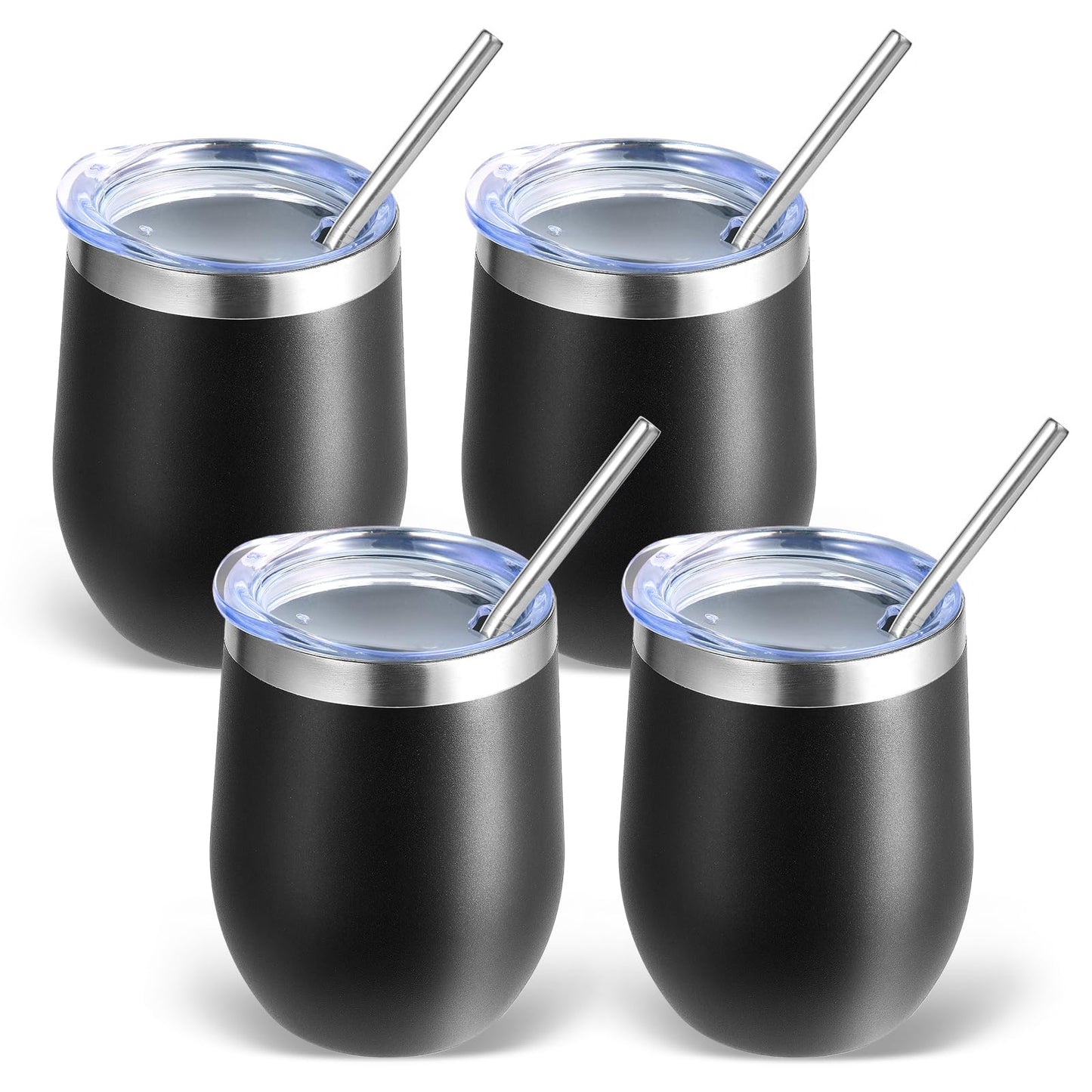 Volhoply 12oz Stainless Steel Wine Tumbler with Lid and Straw,Double Wall Vacuum Insulated Stemless Wine Glasses,Reusable Travel Coffee Mug for Cold Drinks,Small Tumblers Gifts for Women(White,1 Set)