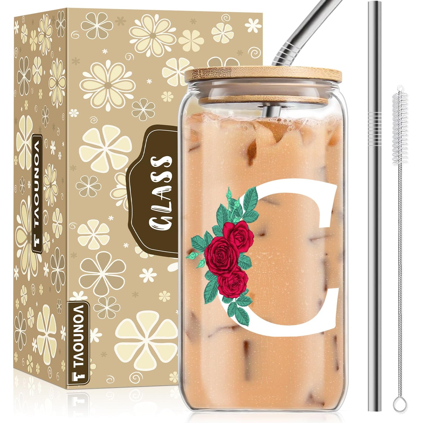 Initial Glass Cup, Birthday Gifts for Women, Color Changing 16 oz Glass Cups w/Lids Straws, Iced Coffee, Smoothie, Beer Glass Tumbler - Personalized Gifts Monogrammed Gifts for Her Mom, K