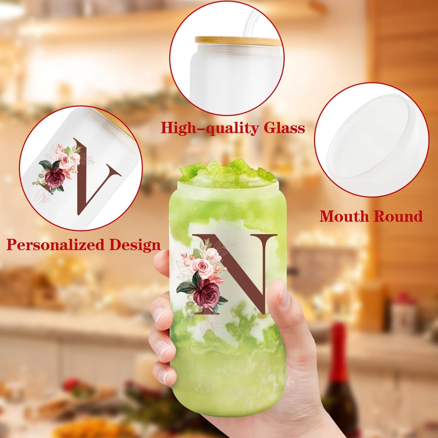 Birthday Gifts for Women, Personalized Gifts for Women, Monogrammed Initial Glass Cup - 16oz Glass Cups with Lids and Straws, Iced Coffee Cup, Beer Can Shaped Glass - Personalized Christmas Gifts J