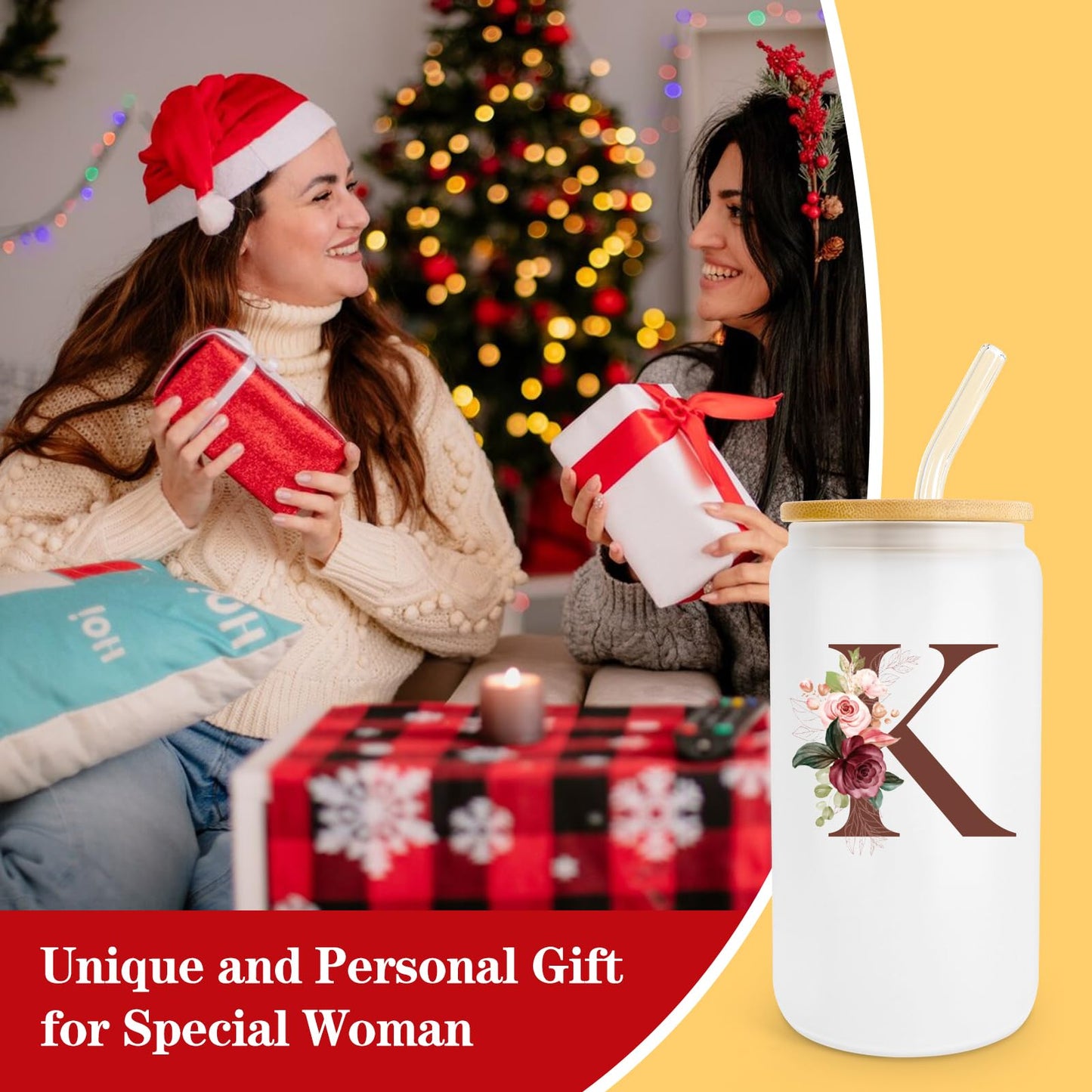 Birthday Gifts for Women, Personalized Gifts for Women, Monogrammed Initial Glass Cup - 16oz Glass Cups with Lids and Straws, Iced Coffee Cup, Beer Can Shaped Glass - Personalized Christmas Gifts J