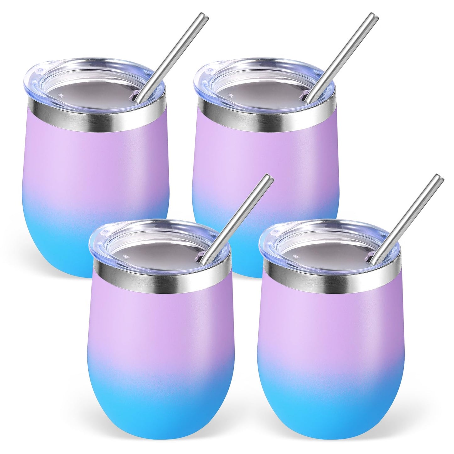 Volhoply 12oz Stainless Steel Wine Tumbler with Lid and Straw,Double Wall Vacuum Insulated Stemless Wine Glasses,Reusable Travel Coffee Mug for Cold Drinks,Small Tumblers Gifts for Women(White,1 Set)