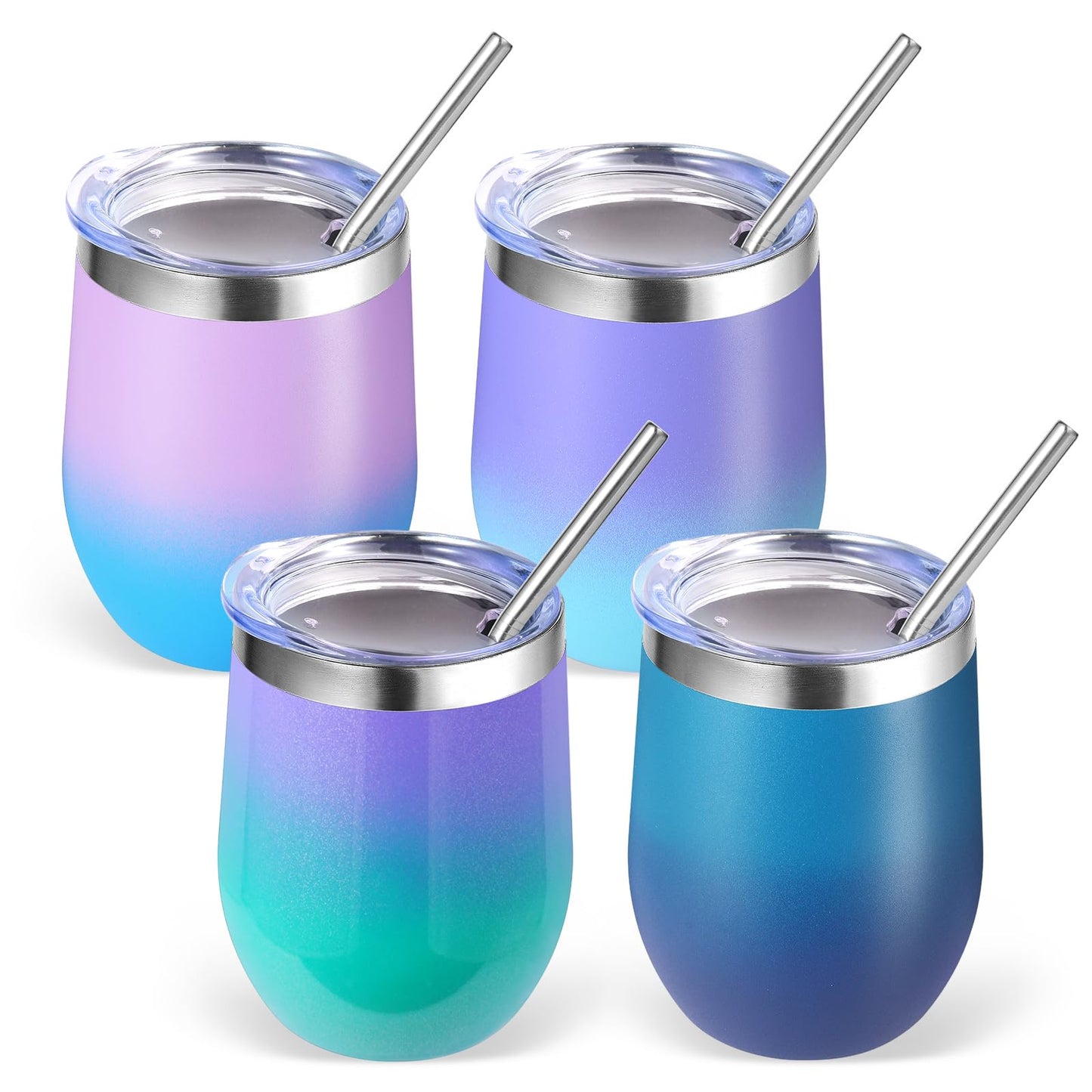 Volhoply 12oz Stainless Steel Wine Tumbler with Lid and Straw,Double Wall Vacuum Insulated Stemless Wine Glasses,Reusable Travel Coffee Mug for Cold Drinks,Small Tumblers Gifts for Women(White,1 Set)