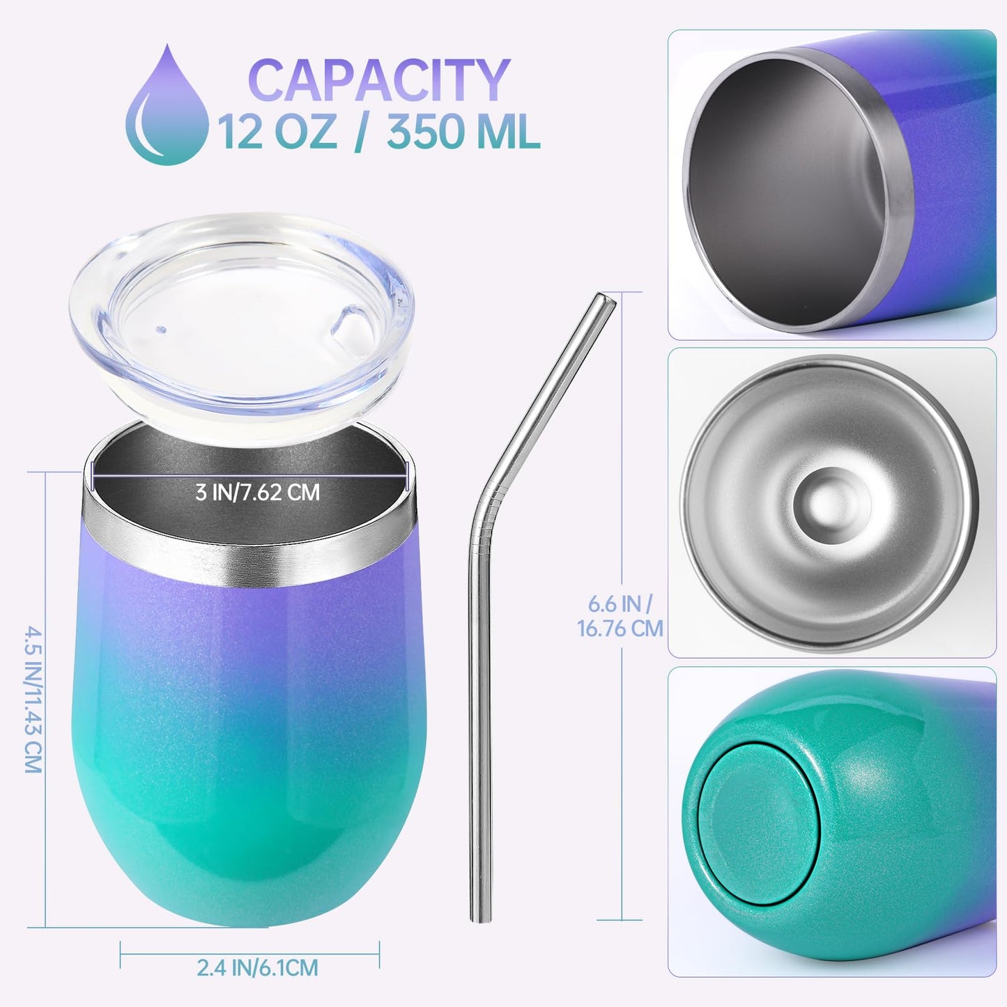 Volhoply 12oz Stainless Steel Wine Tumbler with Lid and Straw,Double Wall Vacuum Insulated Stemless Wine Glasses,Reusable Travel Coffee Mug for Cold Drinks,Small Tumblers Gifts for Women(White,1 Set)