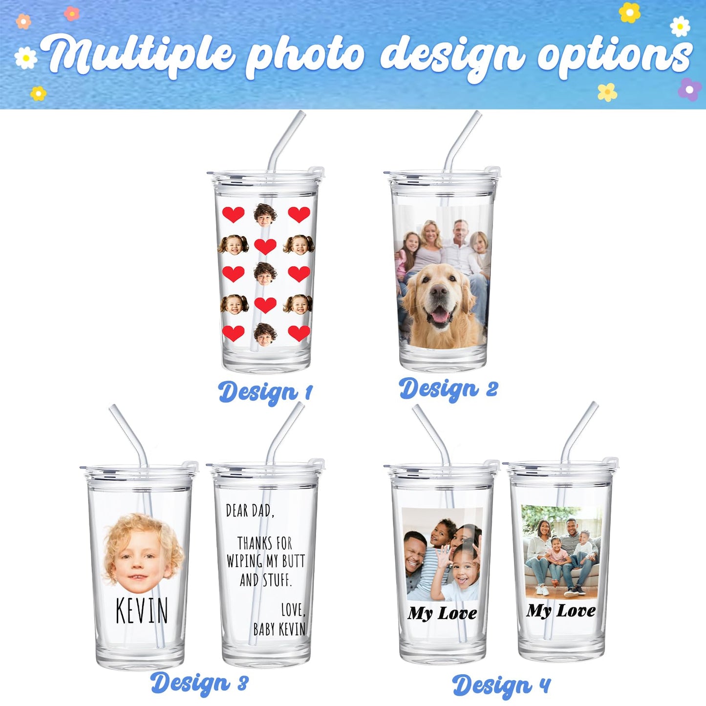 Personalized Glass Cup with Names Custom Water Tumbler Customized Coffee Drink Cup with Lid and Straw Customizable Birthdays Holidays Gifts for Kids Girls Boys 16OZ