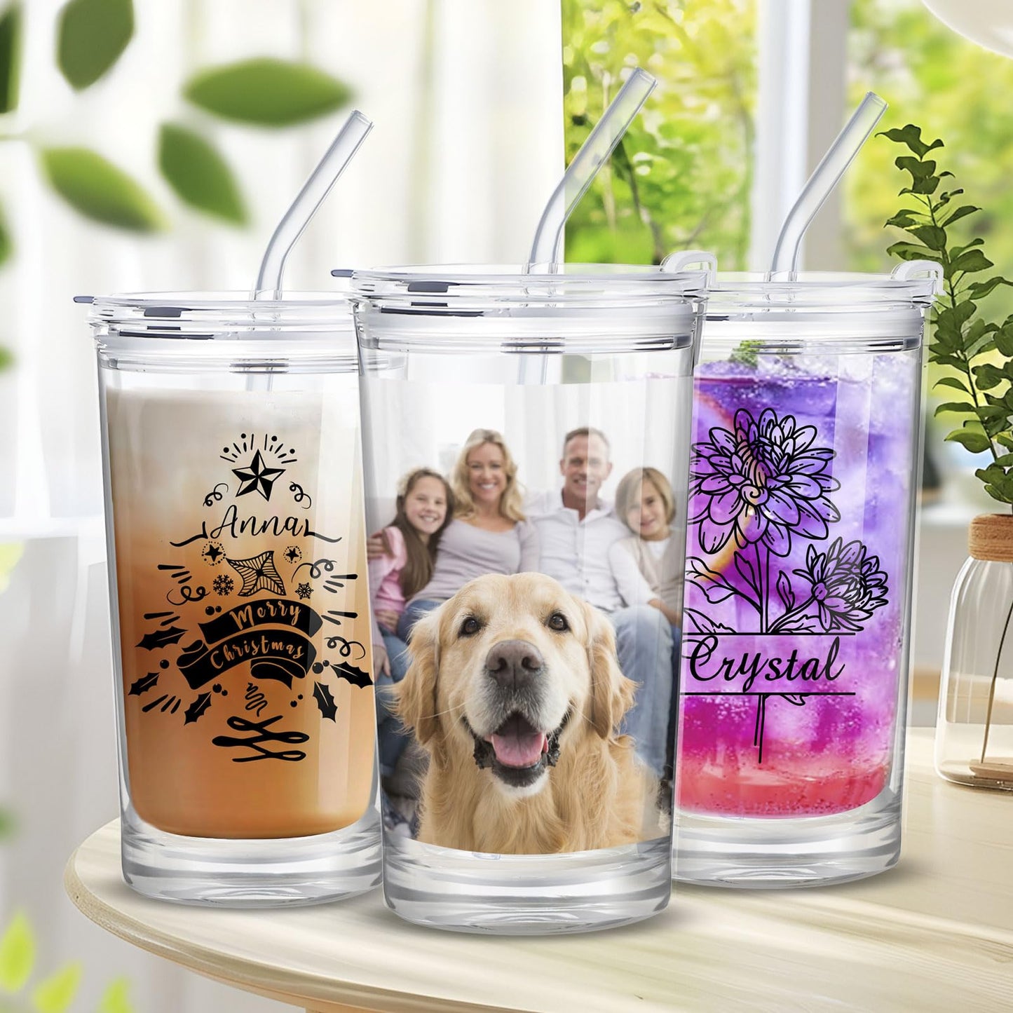 Personalized Glass Cup with Names Custom Water Tumbler Customized Coffee Drink Cup with Lid and Straw Customizable Birthdays Holidays Gifts for Kids Girls Boys 16OZ