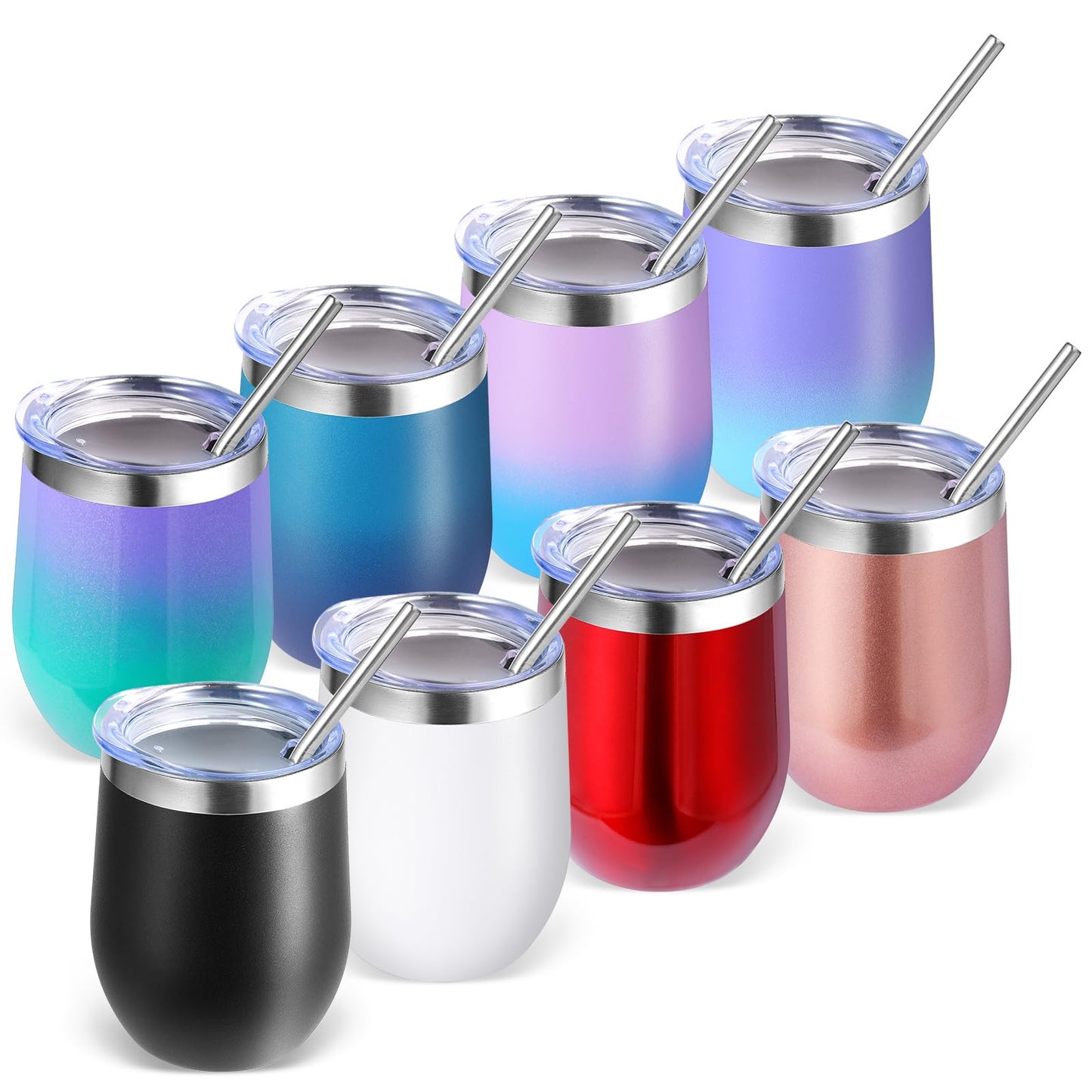 Volhoply 12oz Stainless Steel Wine Tumbler with Lid and Straw,Double Wall Vacuum Insulated Stemless Wine Glasses,Reusable Travel Coffee Mug for Cold Drinks,Small Tumblers Gifts for Women(White,1 Set)