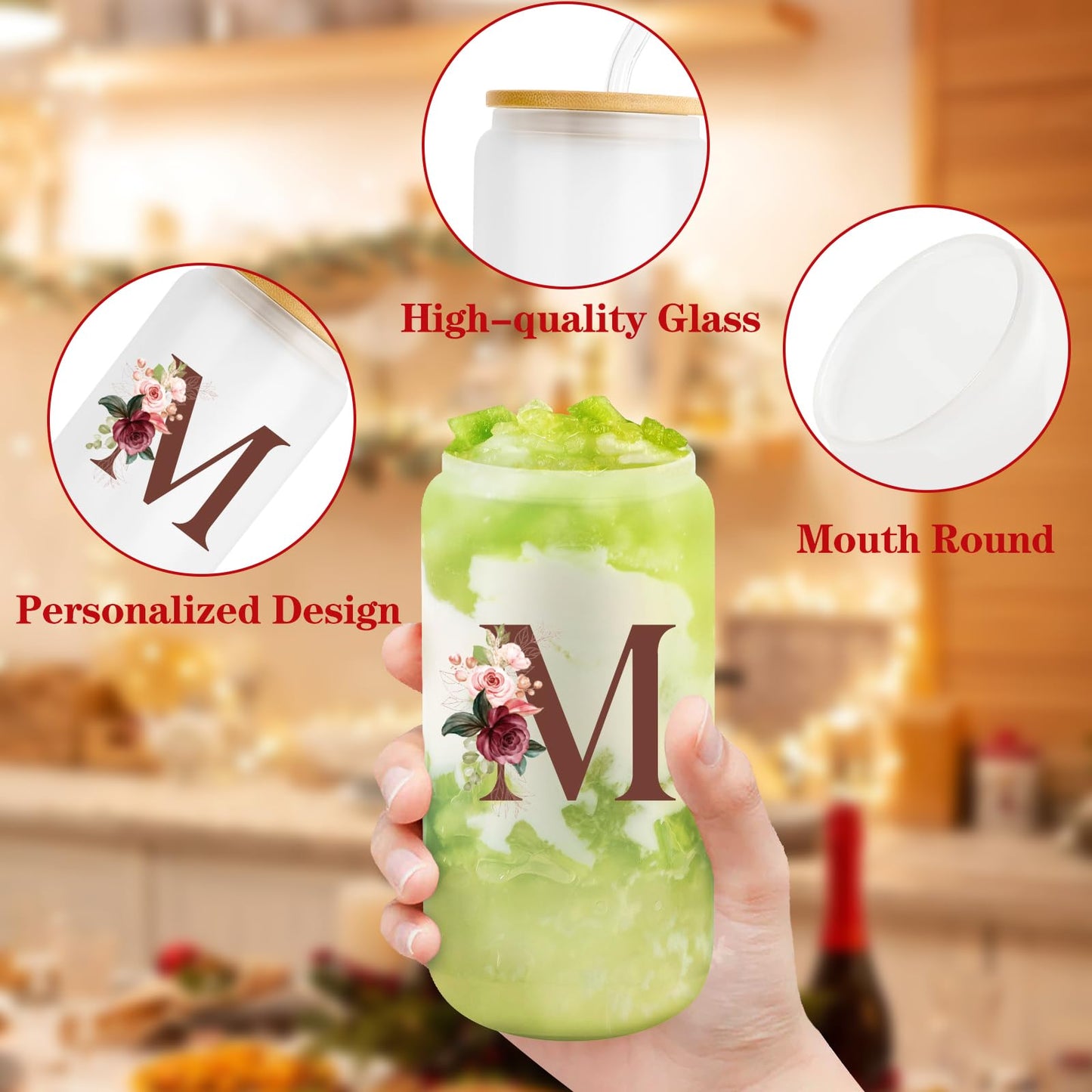 Birthday Gifts for Women, Personalized Gifts for Women, Monogrammed Initial Glass Cup - 16oz Glass Cups with Lids and Straws, Iced Coffee Cup, Beer Can Shaped Glass - Personalized Christmas Gifts J