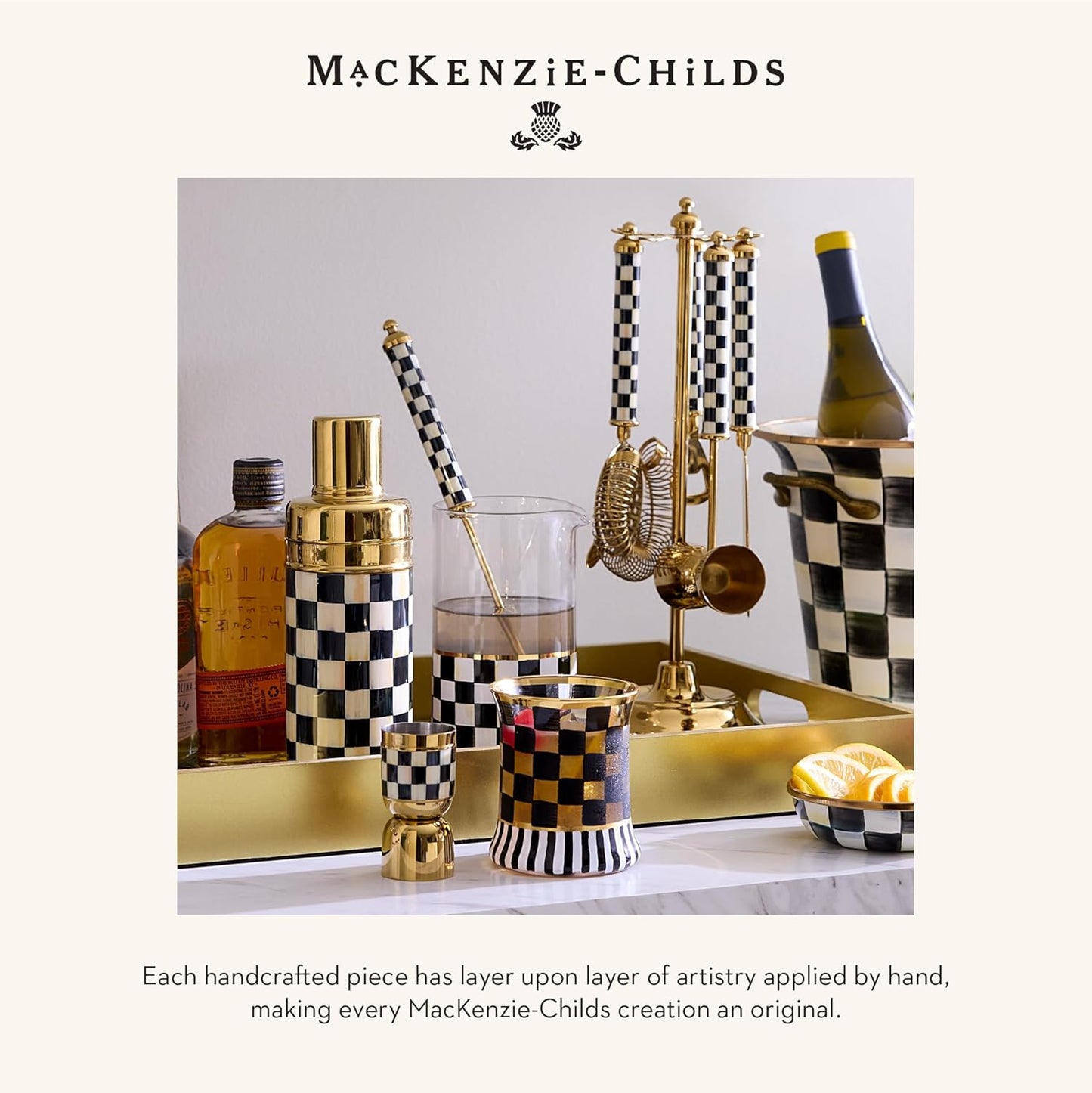 MACKENZIE-CHILDS 3260 Bar-Tool Set, 5-Piece Set with Stainless-Steel Jigger, Strainer, Bottle Opener, Mixing Spoon, Knife, and Stand, Black-and-White Courtly Check Gold