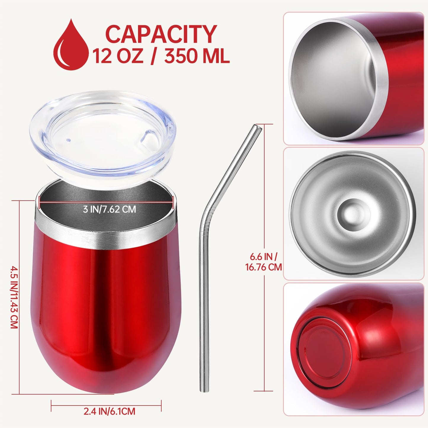 Volhoply 12oz Stainless Steel Wine Tumbler with Lid and Straw,Double Wall Vacuum Insulated Stemless Wine Glasses,Reusable Travel Coffee Mug for Cold Drinks,Small Tumblers Gifts for Women(White,1 Set)