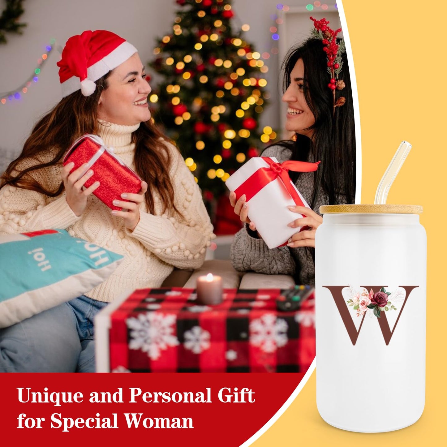 Birthday Gifts for Women, Personalized Gifts for Women, Monogrammed Initial Glass Cup - 16oz Glass Cups with Lids and Straws, Iced Coffee Cup, Beer Can Shaped Glass - Personalized Christmas Gifts J