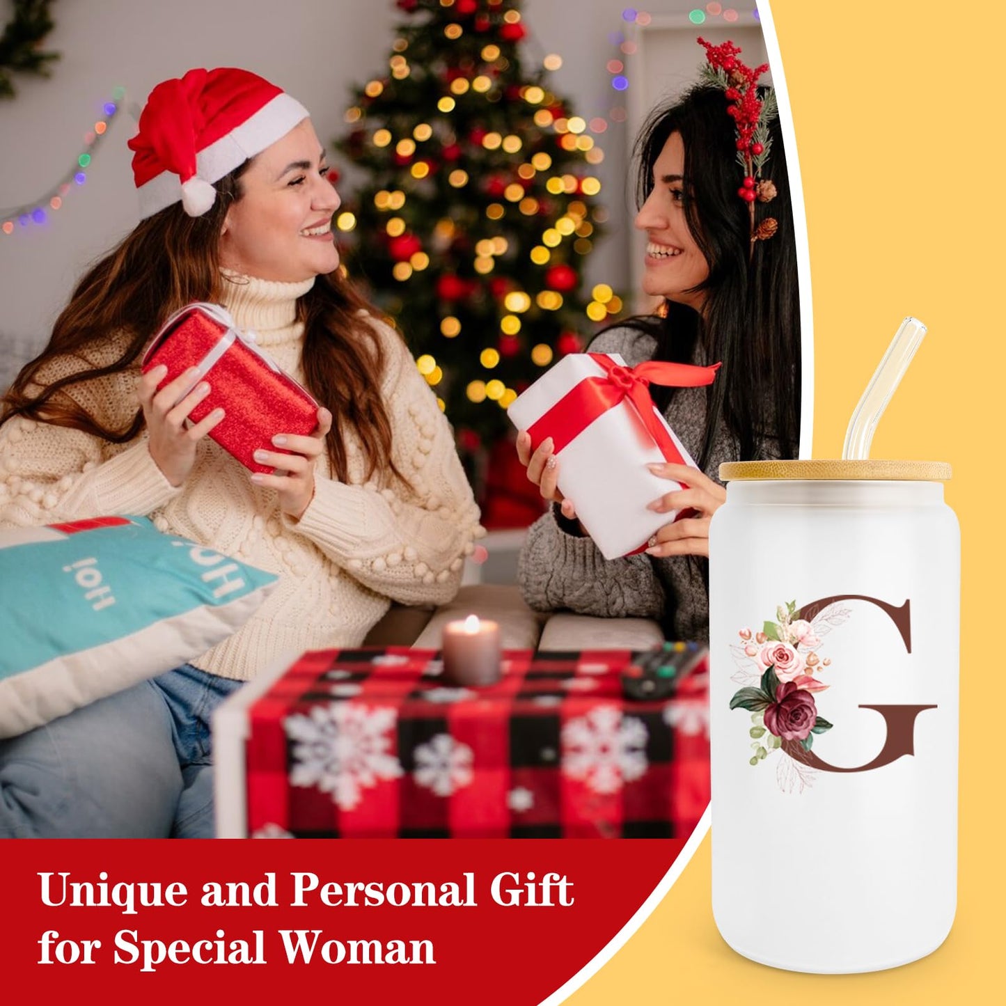 Birthday Gifts for Women, Personalized Gifts for Women, Monogrammed Initial Glass Cup - 16oz Glass Cups with Lids and Straws, Iced Coffee Cup, Beer Can Shaped Glass - Personalized Christmas Gifts J