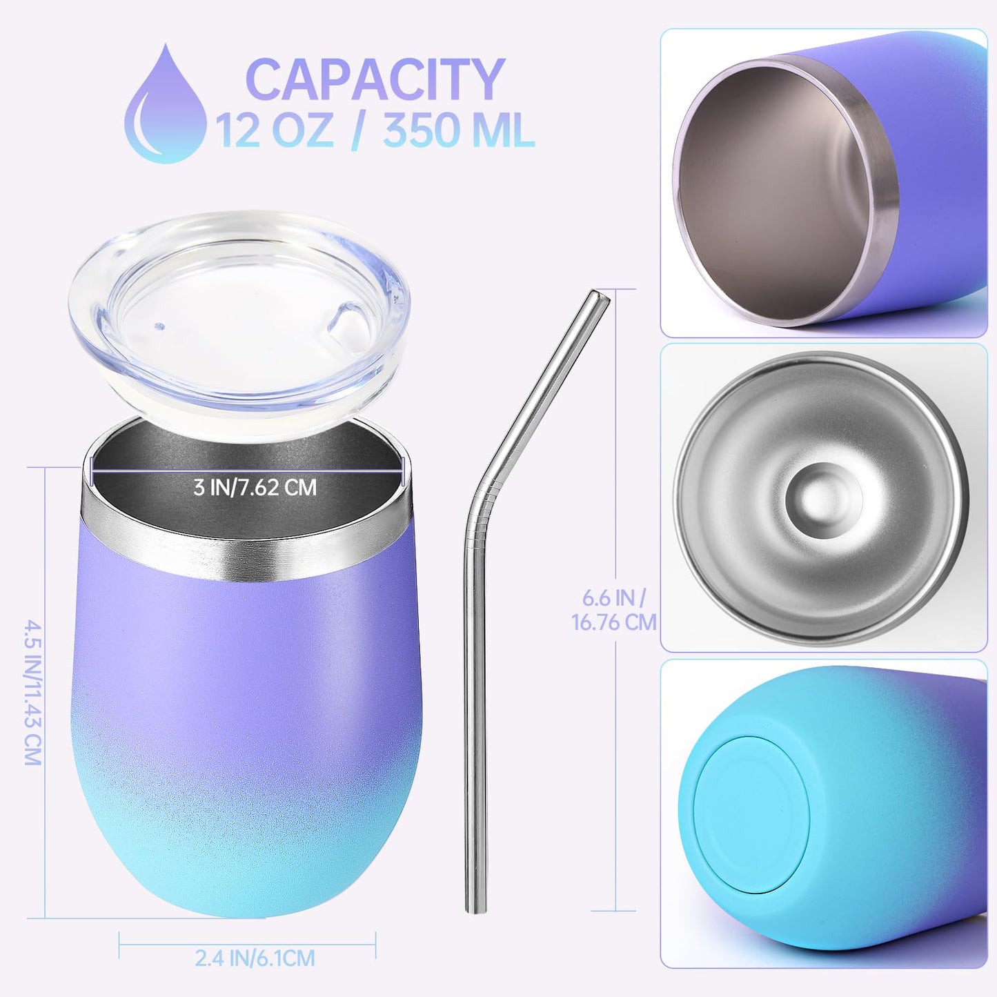 Volhoply 12oz Stainless Steel Wine Tumbler with Lid and Straw,Double Wall Vacuum Insulated Stemless Wine Glasses,Reusable Travel Coffee Mug for Cold Drinks,Small Tumblers Gifts for Women(White,1 Set)