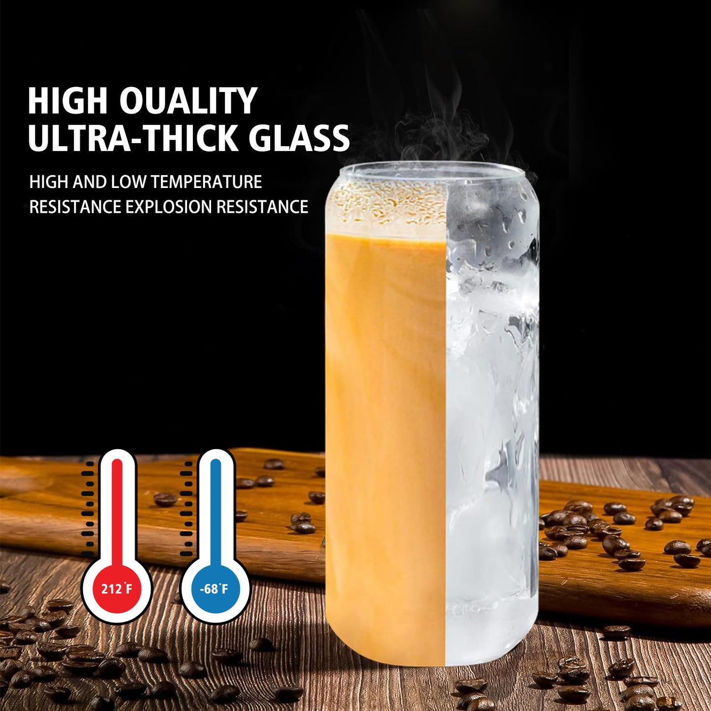 Glass Cups with Lids and Straws 1Pack,Glass Coffee Cups,Glass Cup with Lid for Iced Coffee,Smoothie,Cocktail,Beer,Whiskey,Soda,Matcha,16 Oz Glass Cup with Bamboo Lid,1 Brush