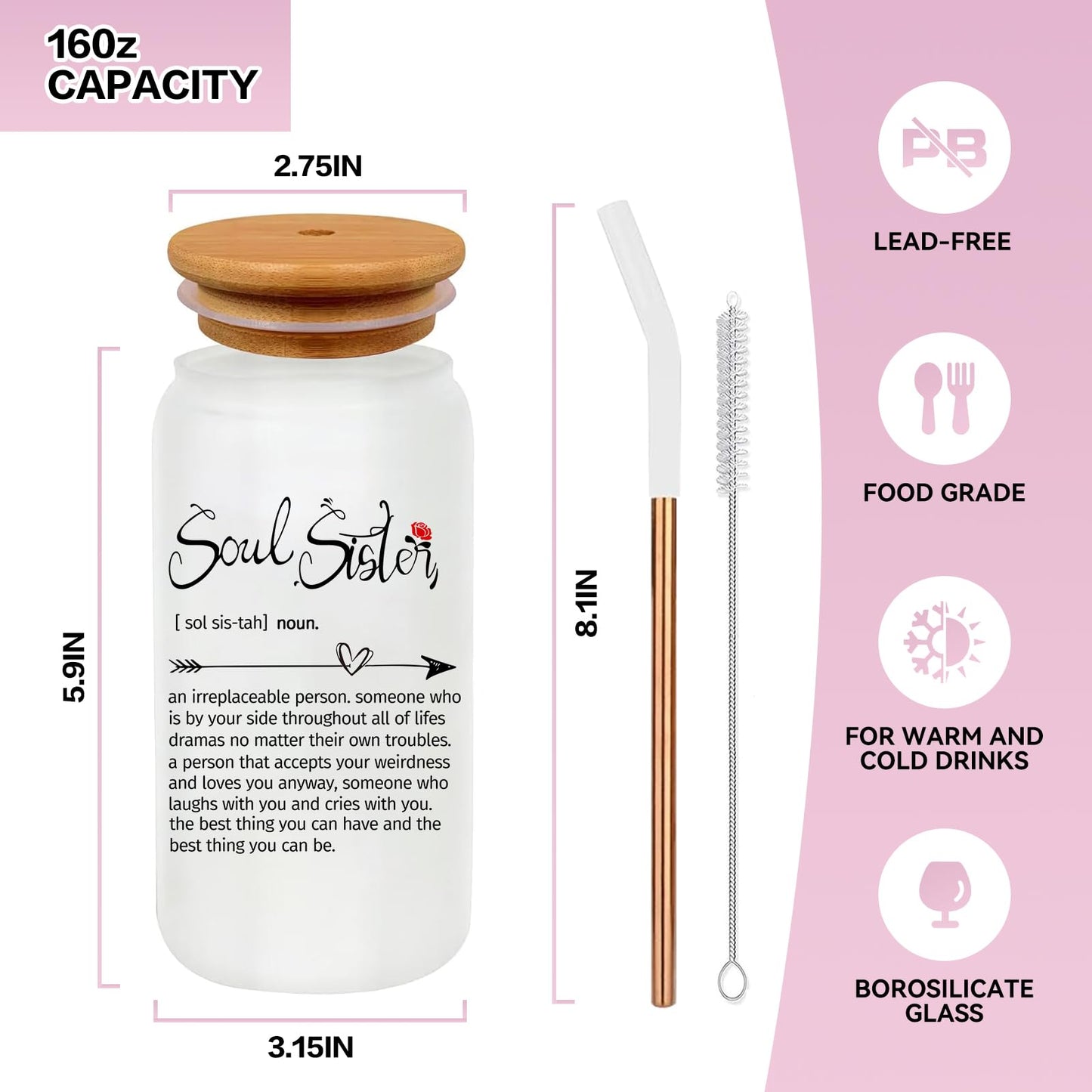 Glass Cups with Lids and Straws 1Pack,Glass Coffee Cups,Glass Cup with Lid for Iced Coffee,Smoothie,Cocktail,Beer,Whiskey,Soda,Matcha,16 Oz Glass Cup with Bamboo Lid,1 Brush