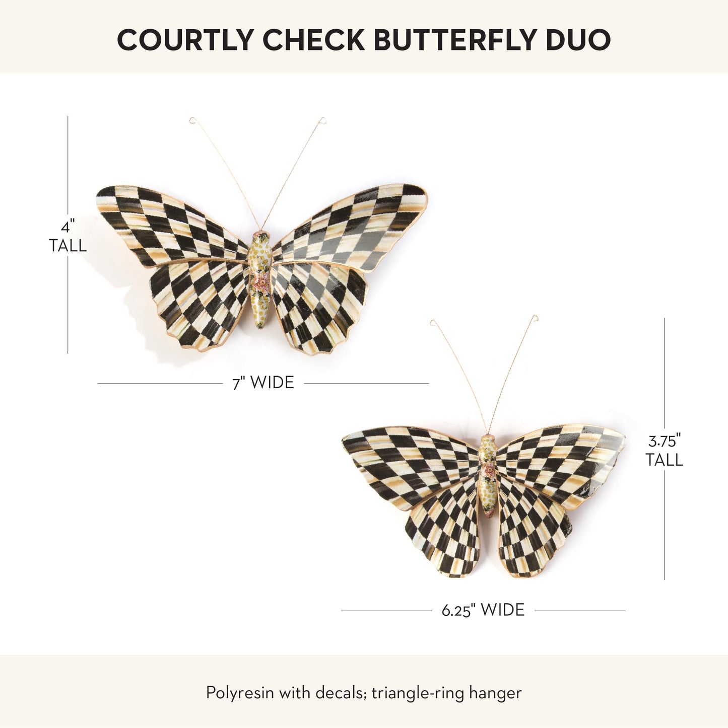 MACKENZIE-CHILDS Butterfly Duo, Hanging Butterfly Wall Decor, Black-and-White Courtly Check, Set of 2