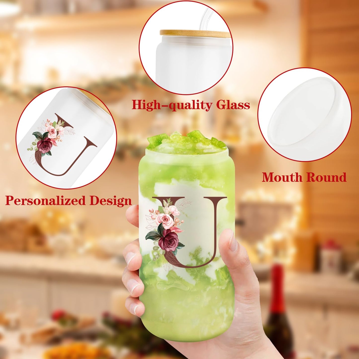 Birthday Gifts for Women, Personalized Gifts for Women, Monogrammed Initial Glass Cup - 16oz Glass Cups with Lids and Straws, Iced Coffee Cup, Beer Can Shaped Glass - Personalized Christmas Gifts J