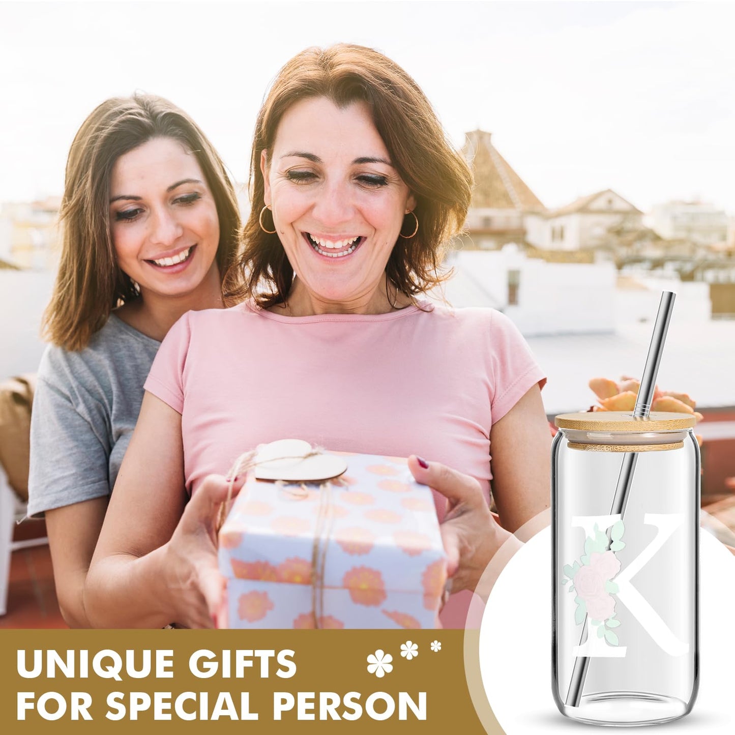 Initial Glass Cup, Birthday Gifts for Women, Color Changing 16 oz Glass Cups w/Lids Straws, Iced Coffee, Smoothie, Beer Glass Tumbler - Personalized Gifts Monogrammed Gifts for Her Mom, K